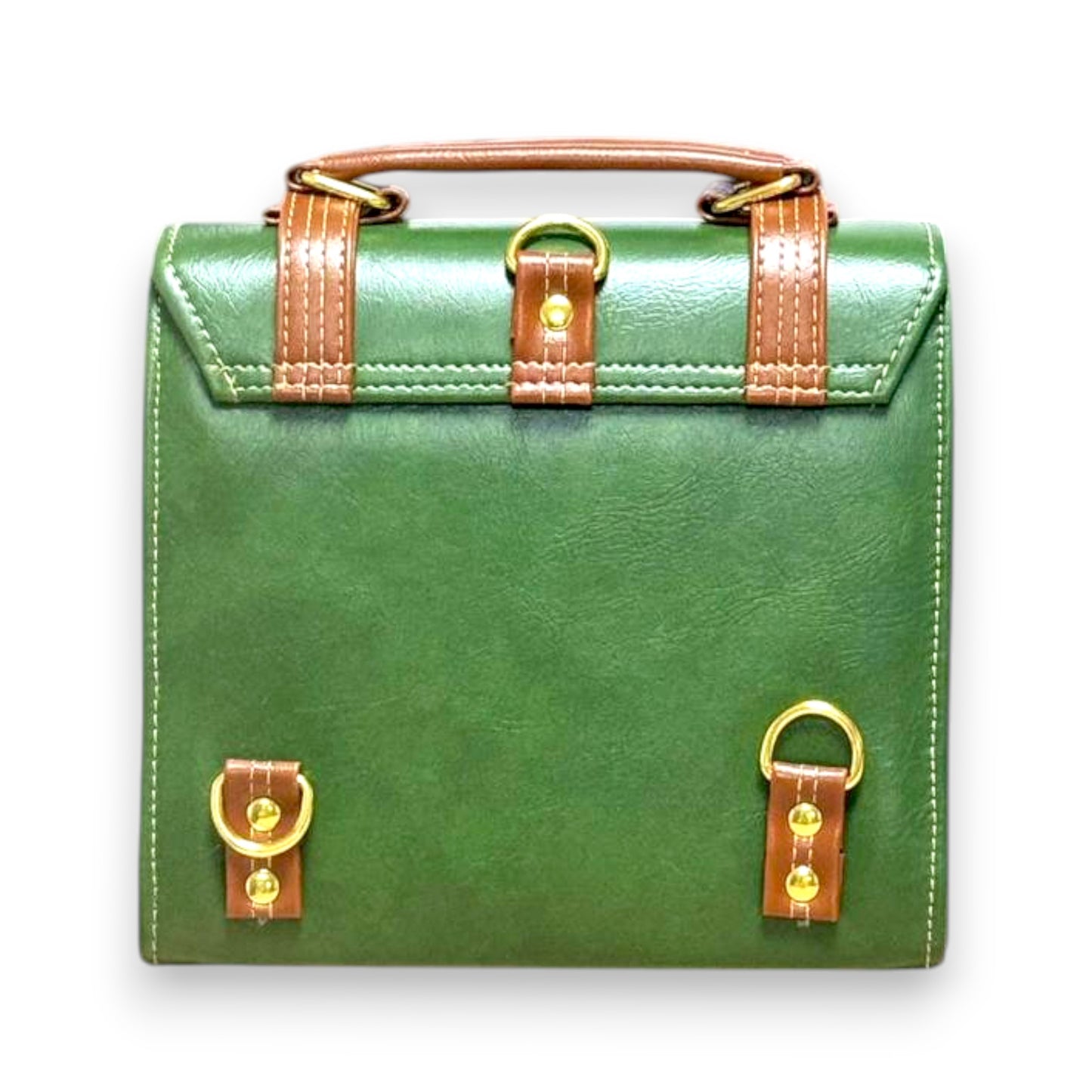 Handmade French Vegan Leather Backpack – Green& Brown with Gold Hardware (21x 20×10 cm)