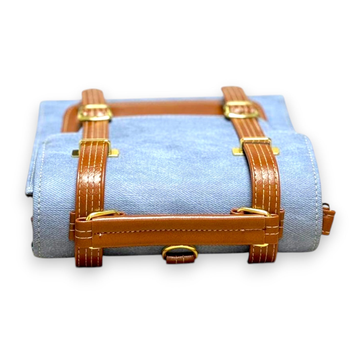 Handmade French Vegan Leather Backpack – Blue Canvas & Tan Trim (21x 20×10 cm)