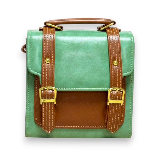 Handmade French-Style Vegan Leather Satchel – Sage Green with Tan Trim ( 17x 17×9 cm )
