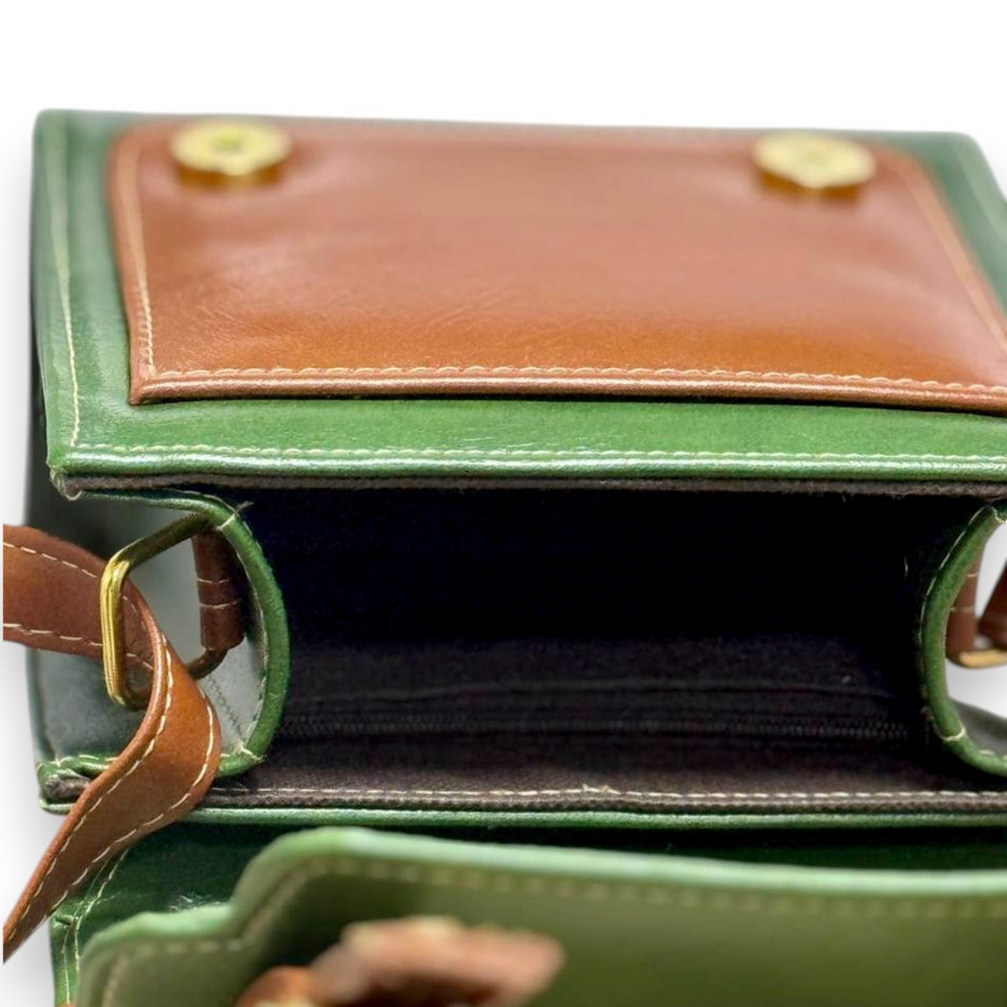 Handmade French Vegan Leather Backpack – Green& Brown with Gold Hardware (21x 20×10 cm)