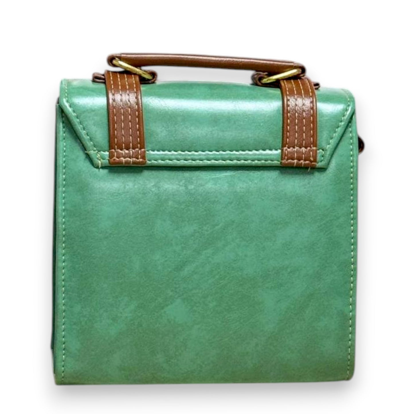 Handmade French-Style Vegan Leather Satchel – Sage Green with Tan Trim ( 17x 17×9 cm )