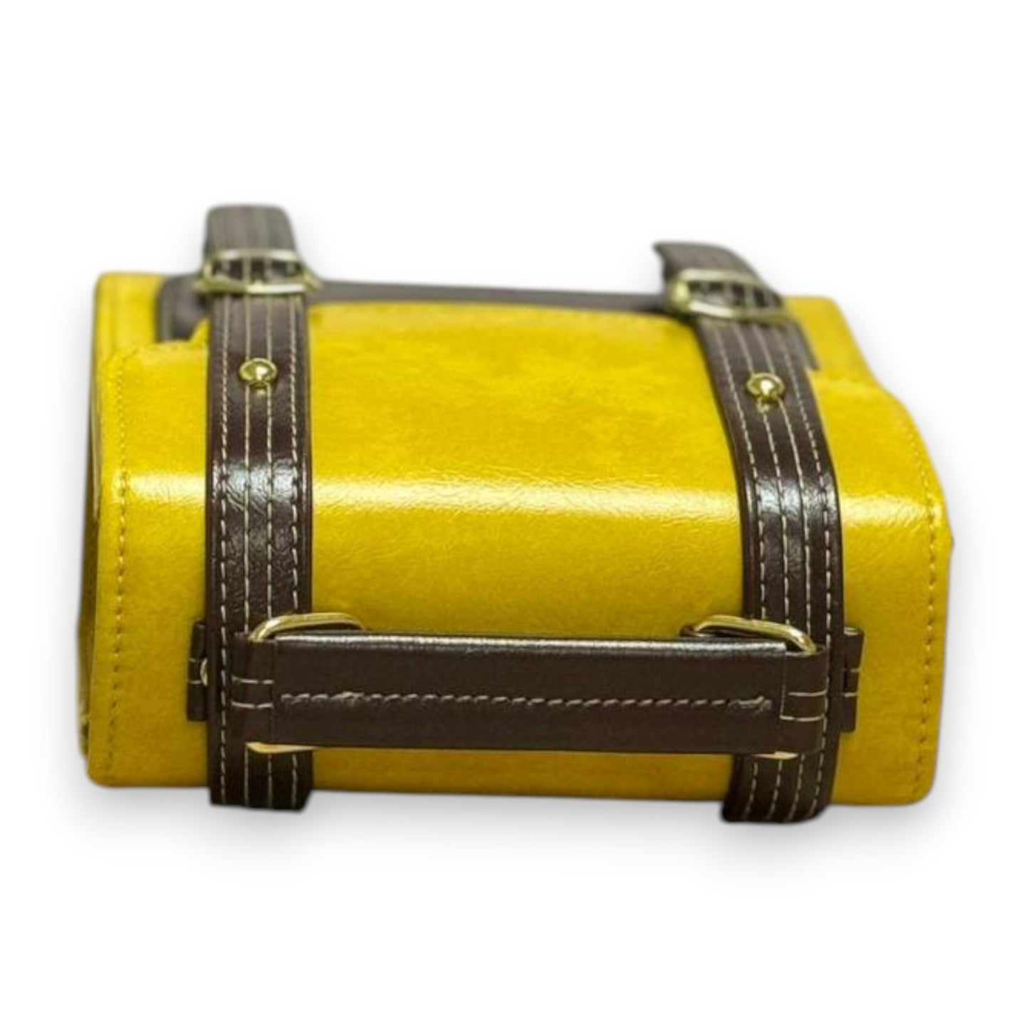 Handmade French-Style Vegan Leather Satchel – Mustard Yellow with Brown Trim ( 17x 17×9 cm )