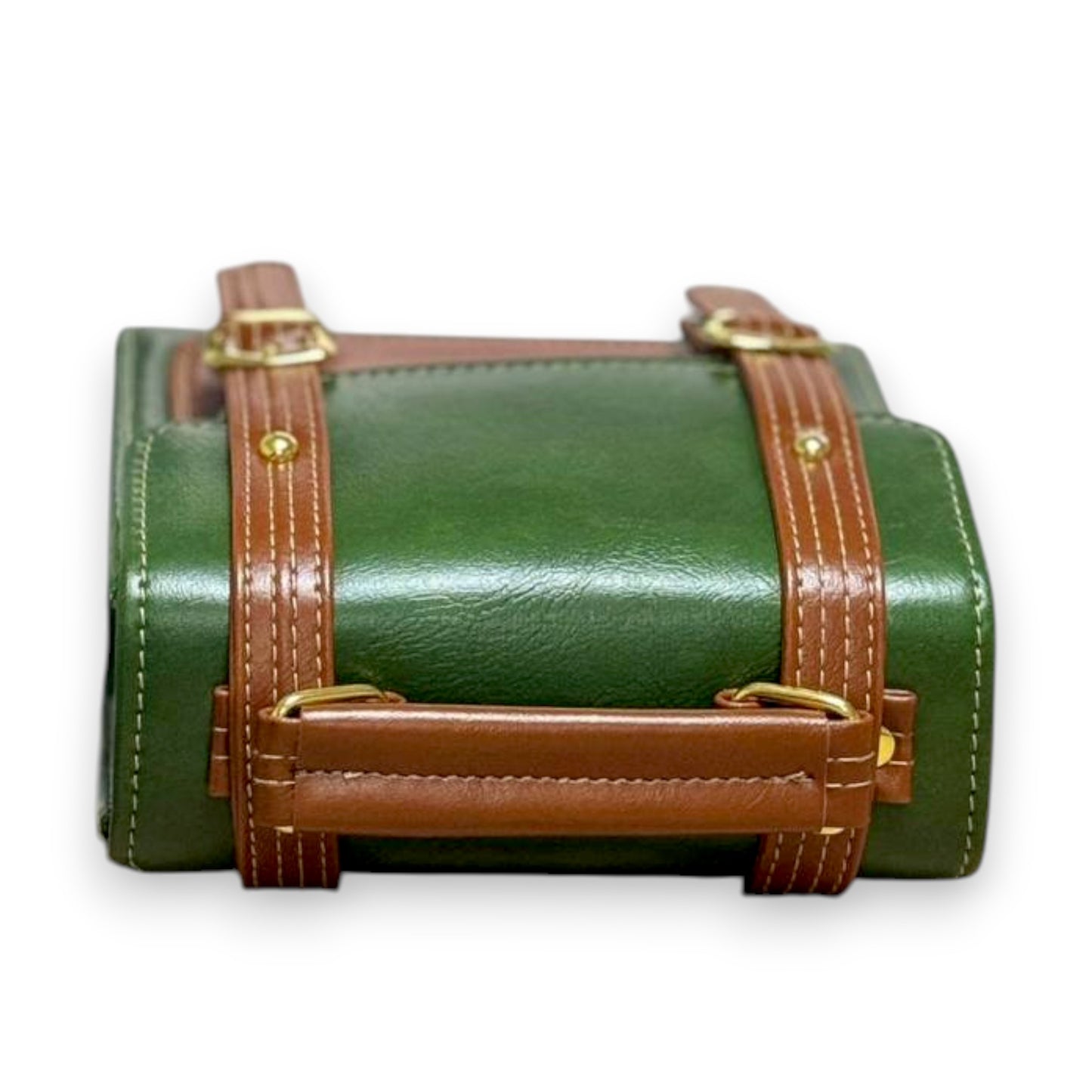 Handmade French-Style Vegan Leather Satchel – Forest Green with Tan Trim ( 17x 17×9 cm )