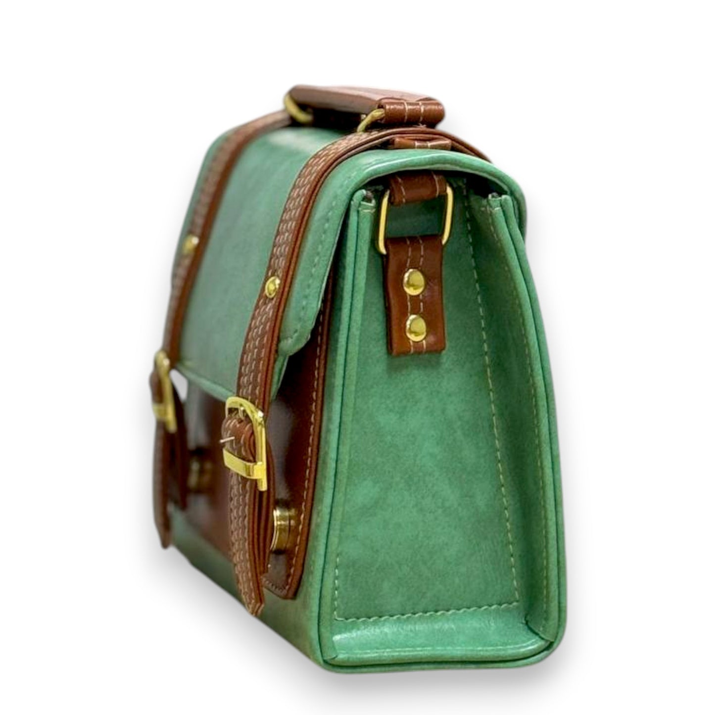 Handmade French-Style Vegan Leather Satchel – Sage Green with Tan Trim ( 17x 17×9 cm )