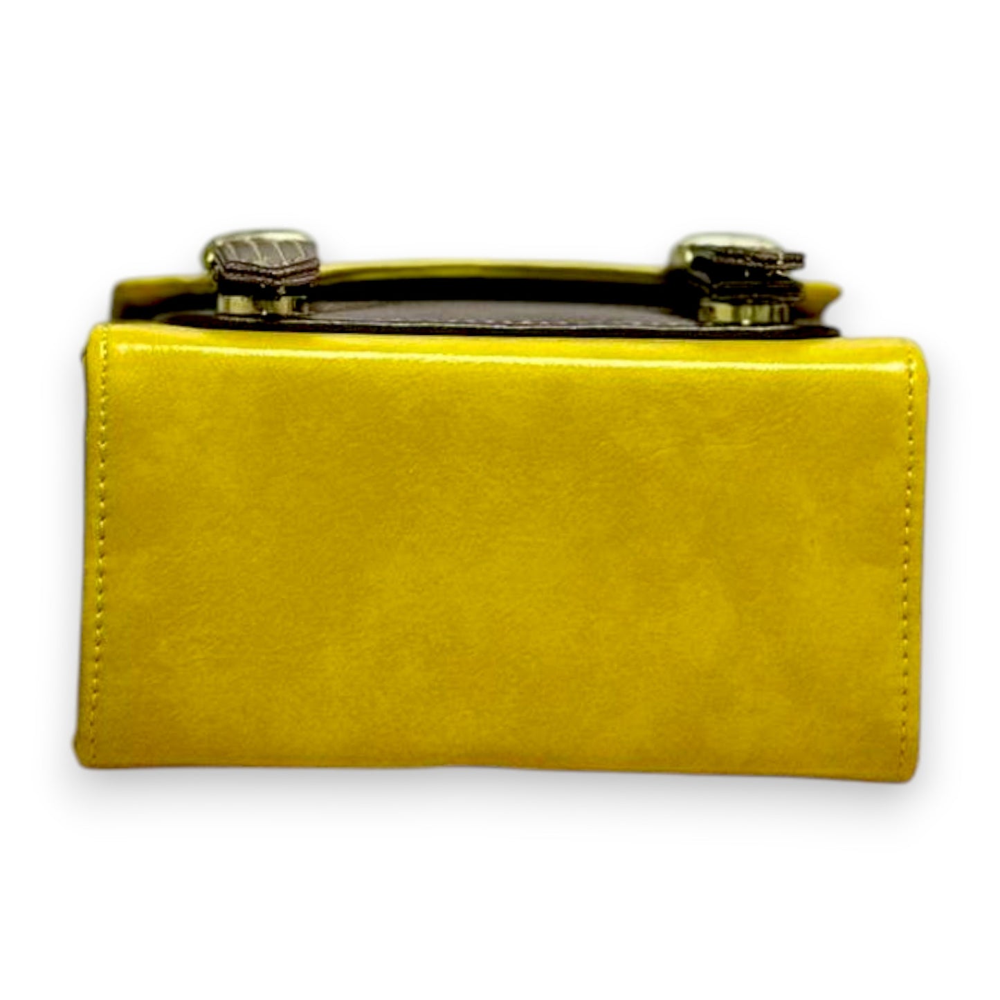 Handmade French-Style Vegan Leather Satchel – Mustard Yellow with Brown Trim ( 17x 17×9 cm )