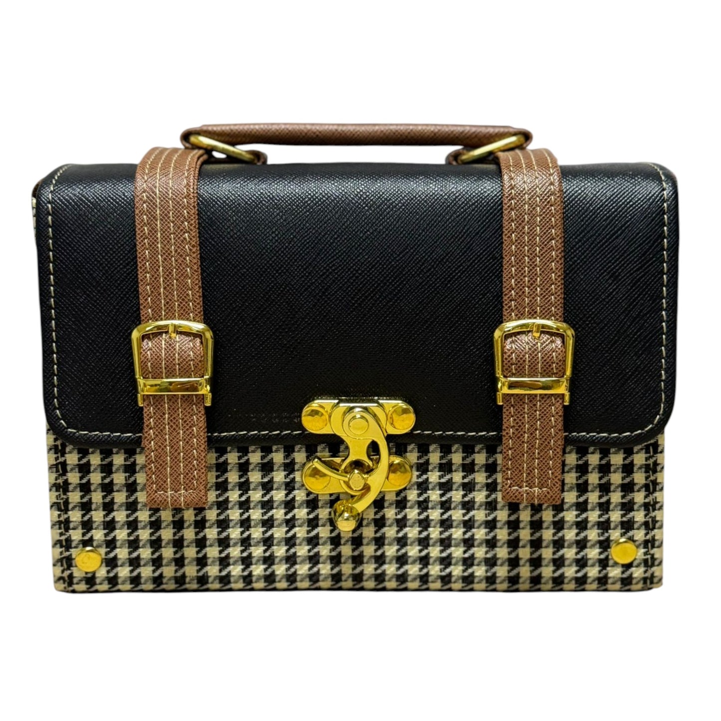 Handmade French Vegan Leather Handbag – Black & Houndstooth with Tan Straps (21×15×9 cm)