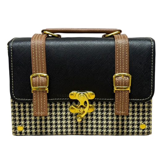 Handmade French Vegan Leather Handbag – Black & Houndstooth with Tan Straps (21×15×9 cm)