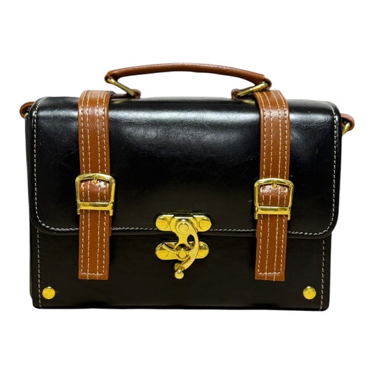 Handmade Vegan Leather Box Bag – Black & Caramel Brown (21x15x9 cm)