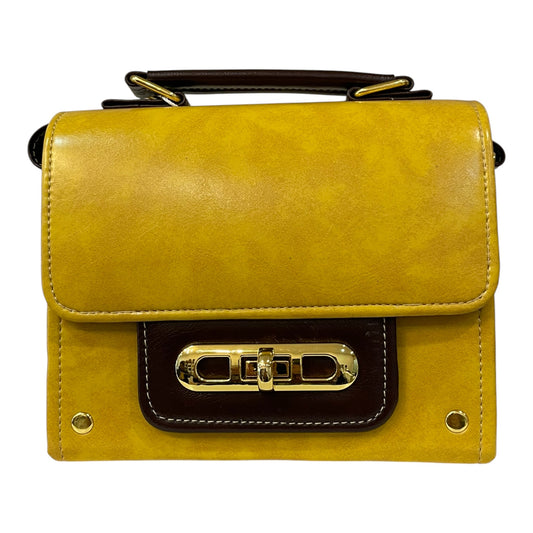 Handmade Vegan Leather Satchel – Mustard Yellow & Dark Brown with Gold Twist Lock (21x14x9 cm)
