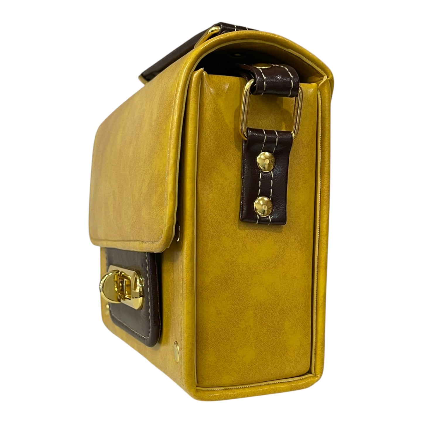 Handmade Vegan Leather Satchel – Mustard Yellow & Dark Brown with Gold Twist Lock (21x14x9 cm)