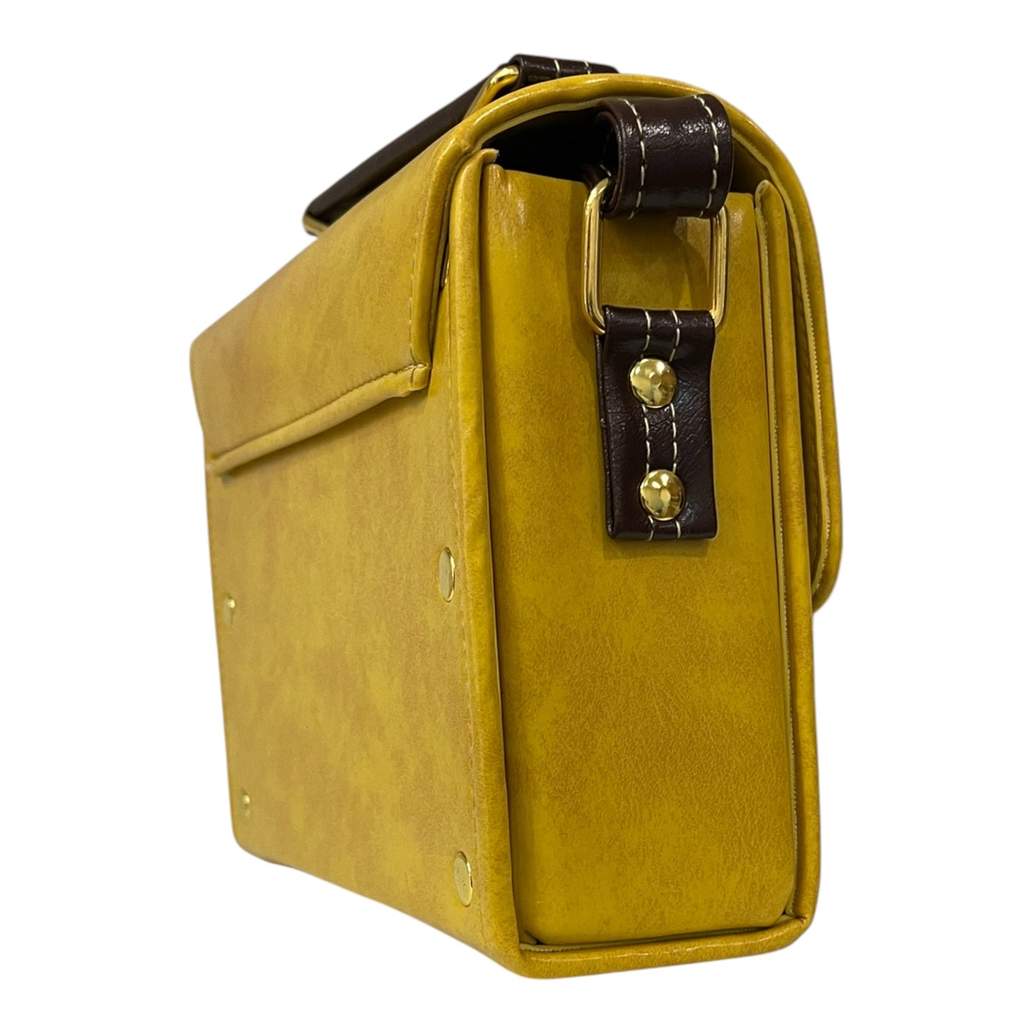 Handmade Vegan Leather Satchel – Mustard Yellow & Dark Brown with Gold Twist Lock (21x14x9 cm)