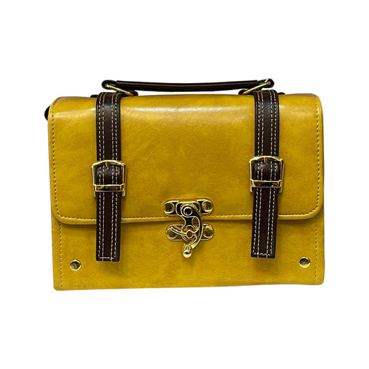 Handmade Vegan Leather Satchel – Mustard Yellow & Brown with Gold Lock Accent (21x14x9 cm)