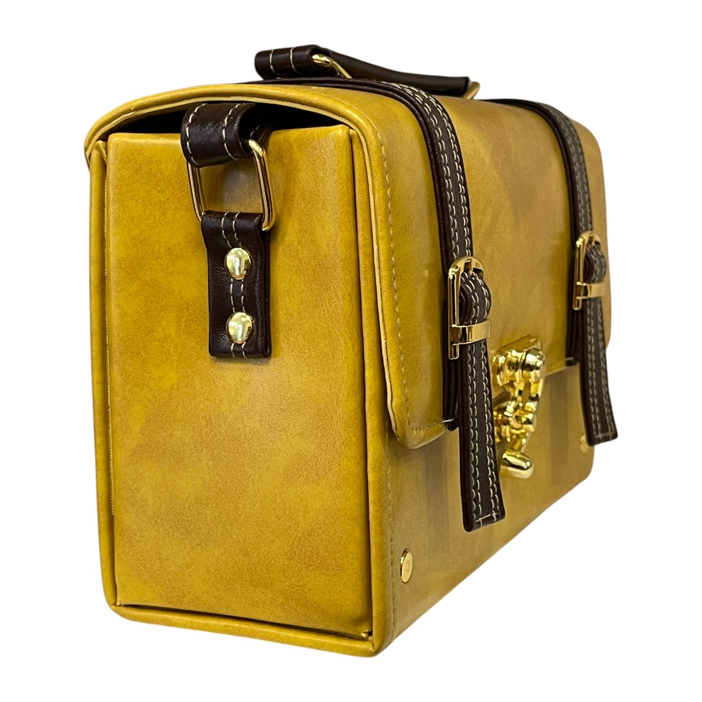 Handmade Vegan Leather Satchel – Mustard Yellow & Brown with Gold Lock Accent (21x14x9 cm)
