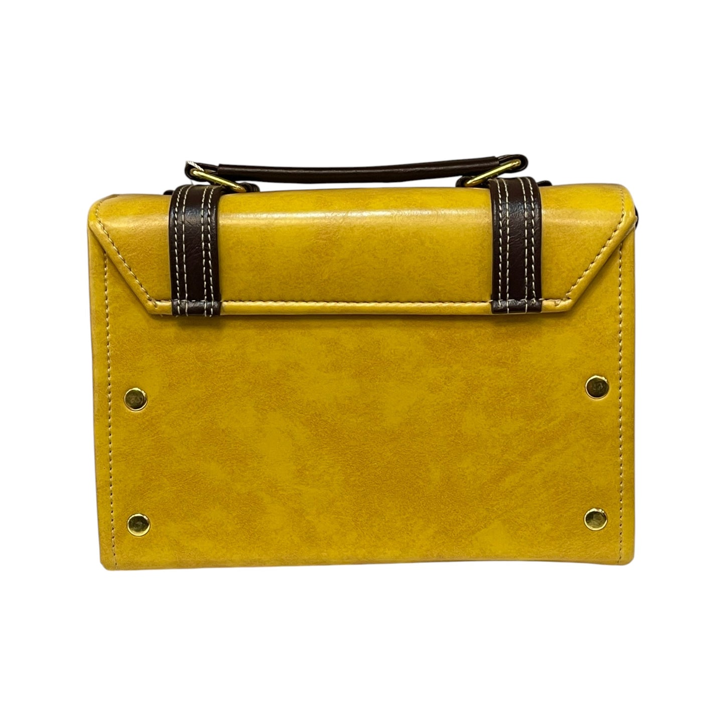 Handmade Vegan Leather Satchel – Mustard Yellow & Brown with Gold Lock Accent (21x14x9 cm)