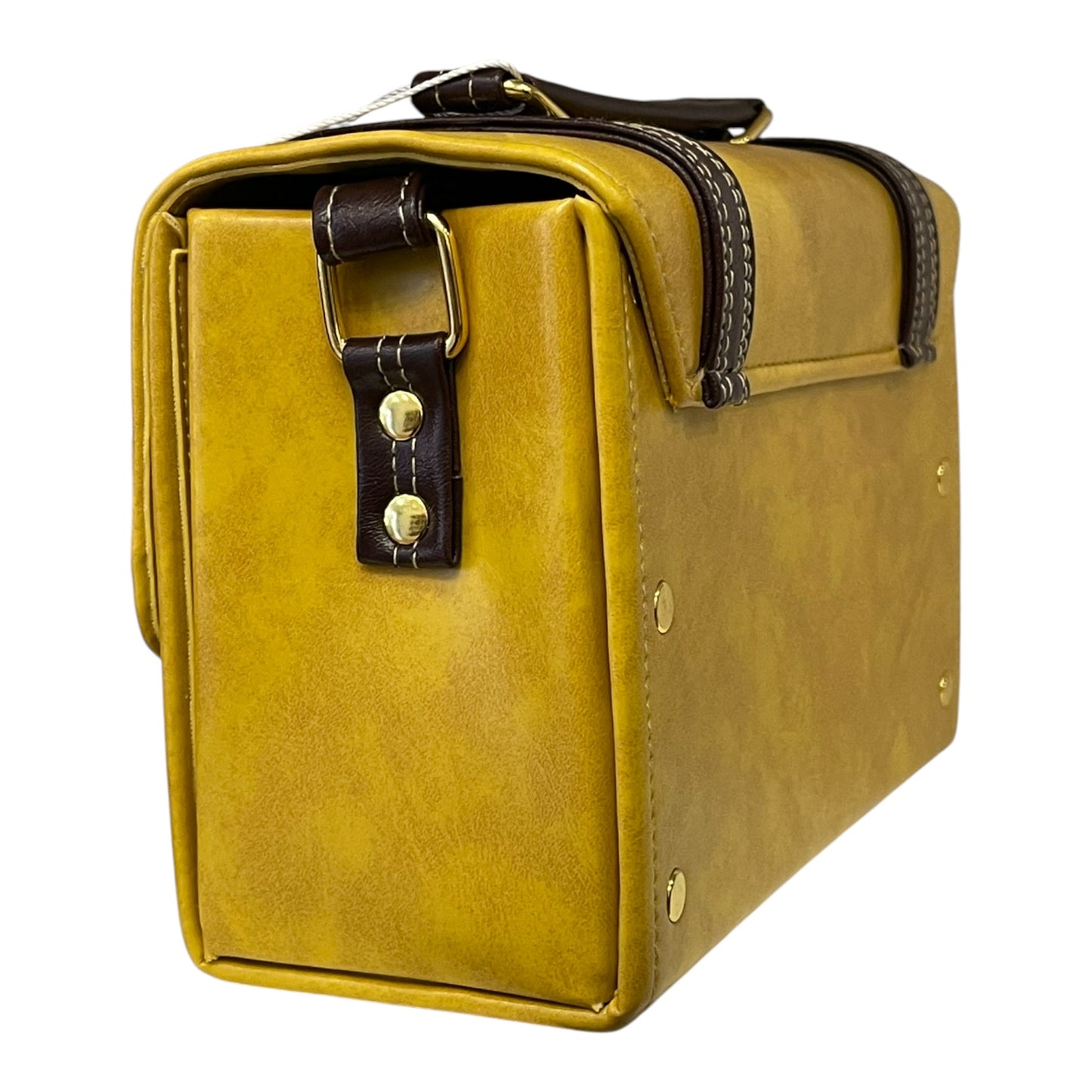 Handmade Vegan Leather Satchel – Mustard Yellow & Brown with Gold Lock Accent (21x14x9 cm)