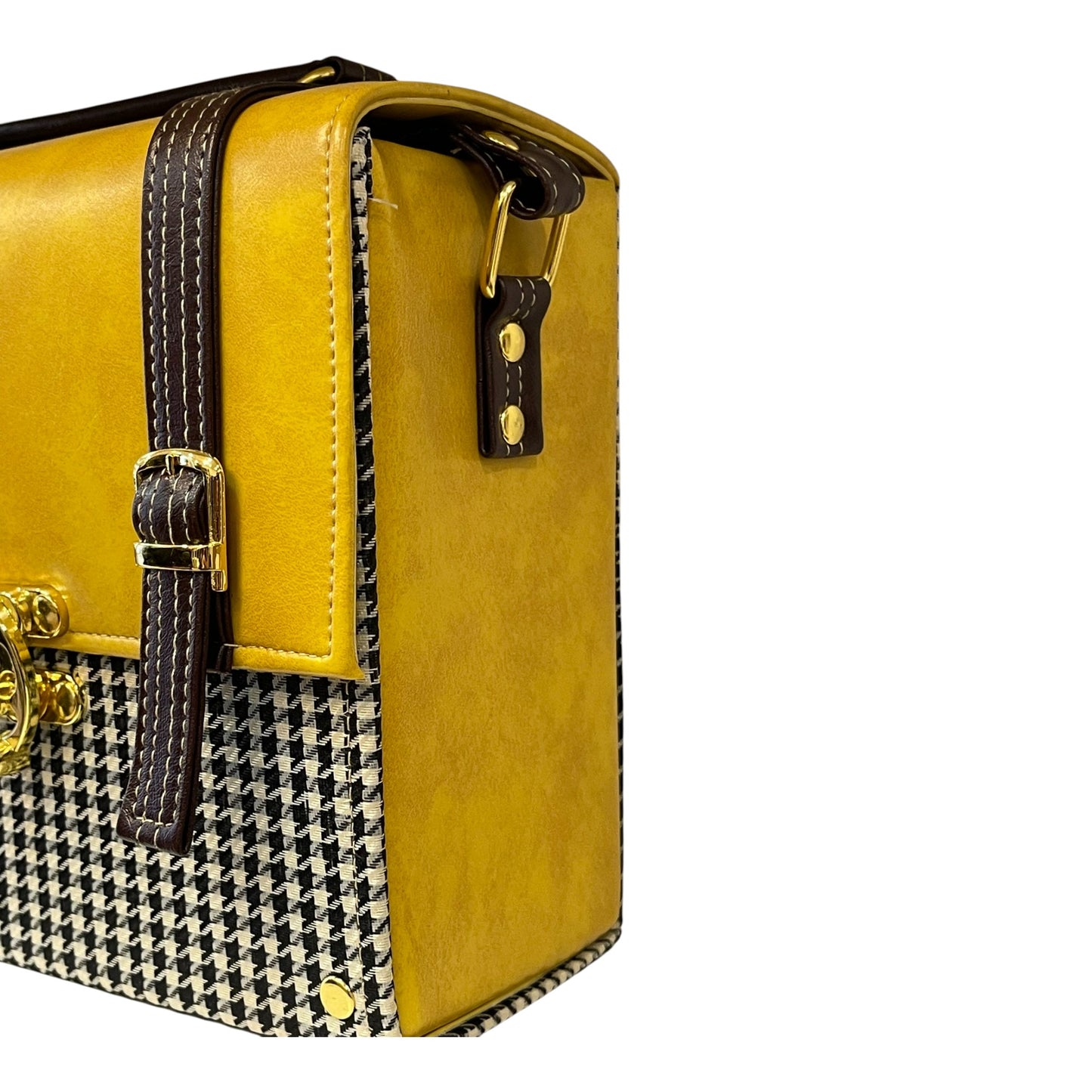 Handmade Vegan Leather Satchel – Mustard & Brown with Houndstooth Fabric | Classic Crossbody Bag 21x19x10 cm