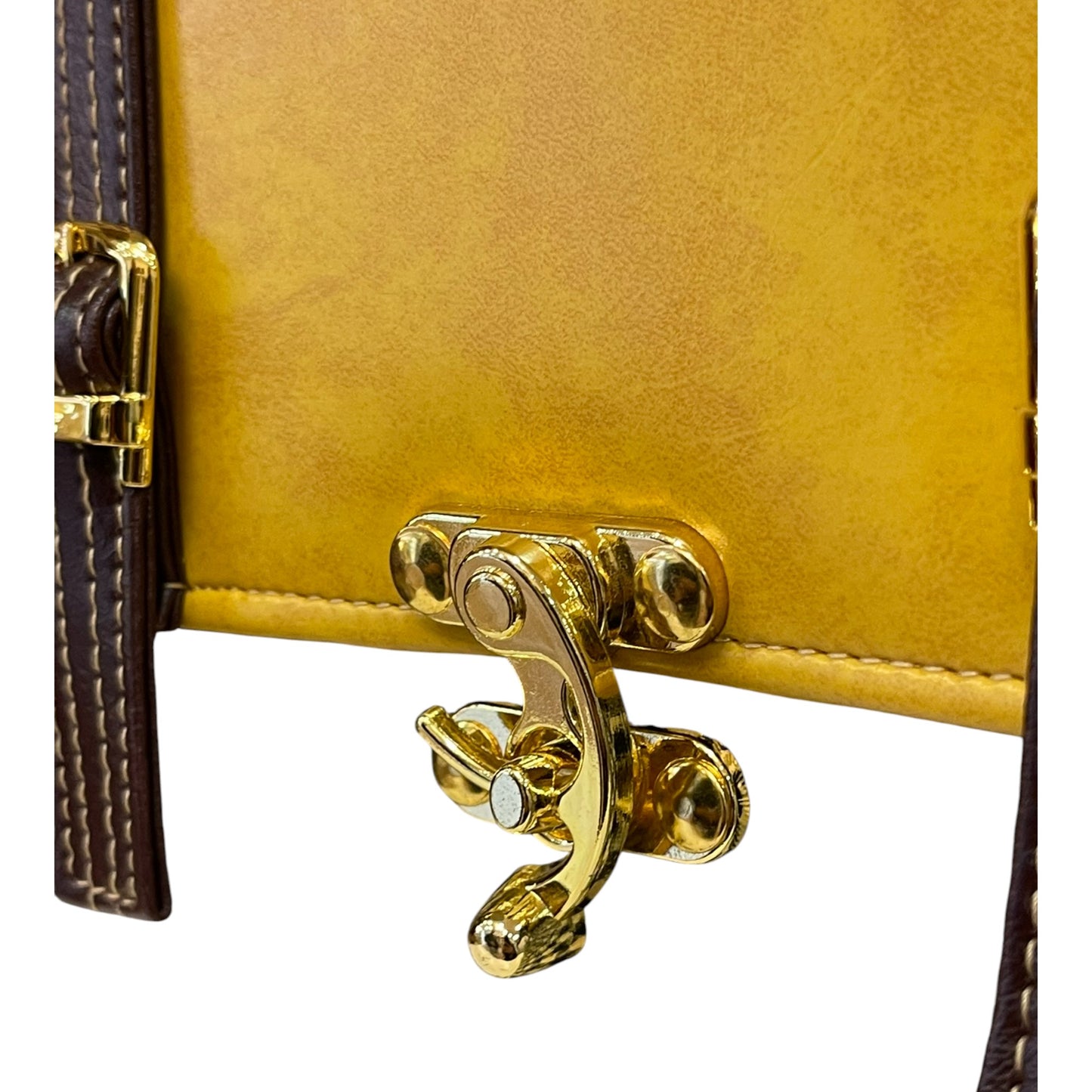 Handmade Vegan Leather Satchel – Mustard & Brown with Houndstooth Fabric | Classic Crossbody Bag 21x19x10 cm