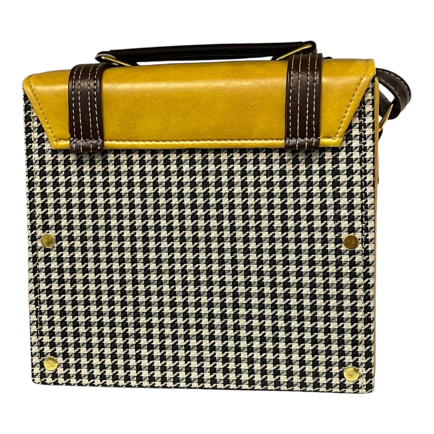 Handmade Vegan Leather Satchel – Mustard & Brown with Houndstooth Fabric | Classic Crossbody Bag 21x19x10 cm