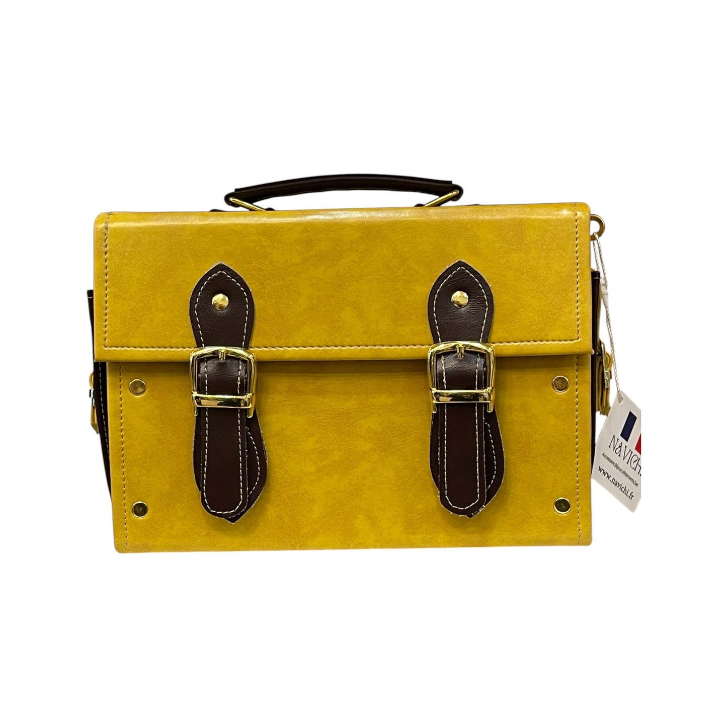 Handmade Vegan Leather Satchel – Mustard Yellow & Chocolate Brown with Gold Details (25x18x11 cm)