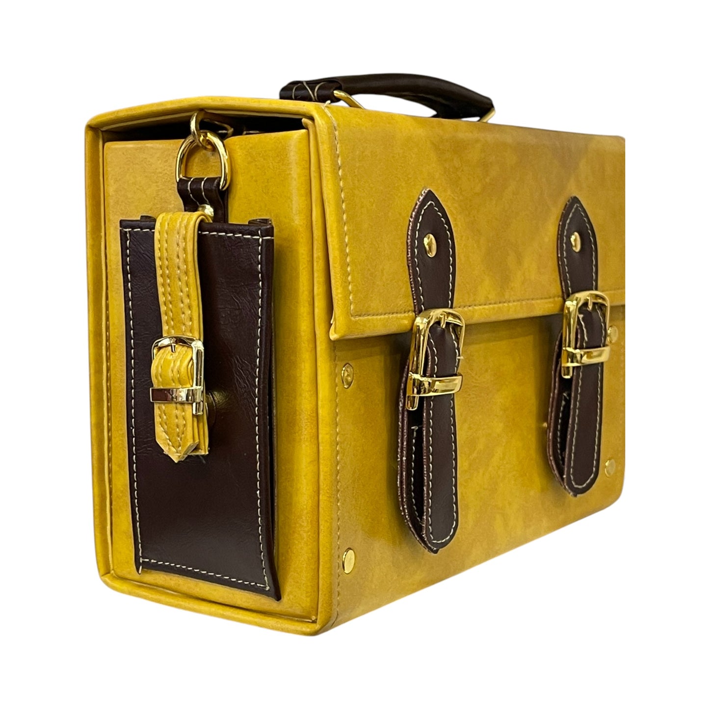 Handmade Vegan Leather Satchel – Mustard Yellow & Chocolate Brown with Gold Details (25x18x11 cm)