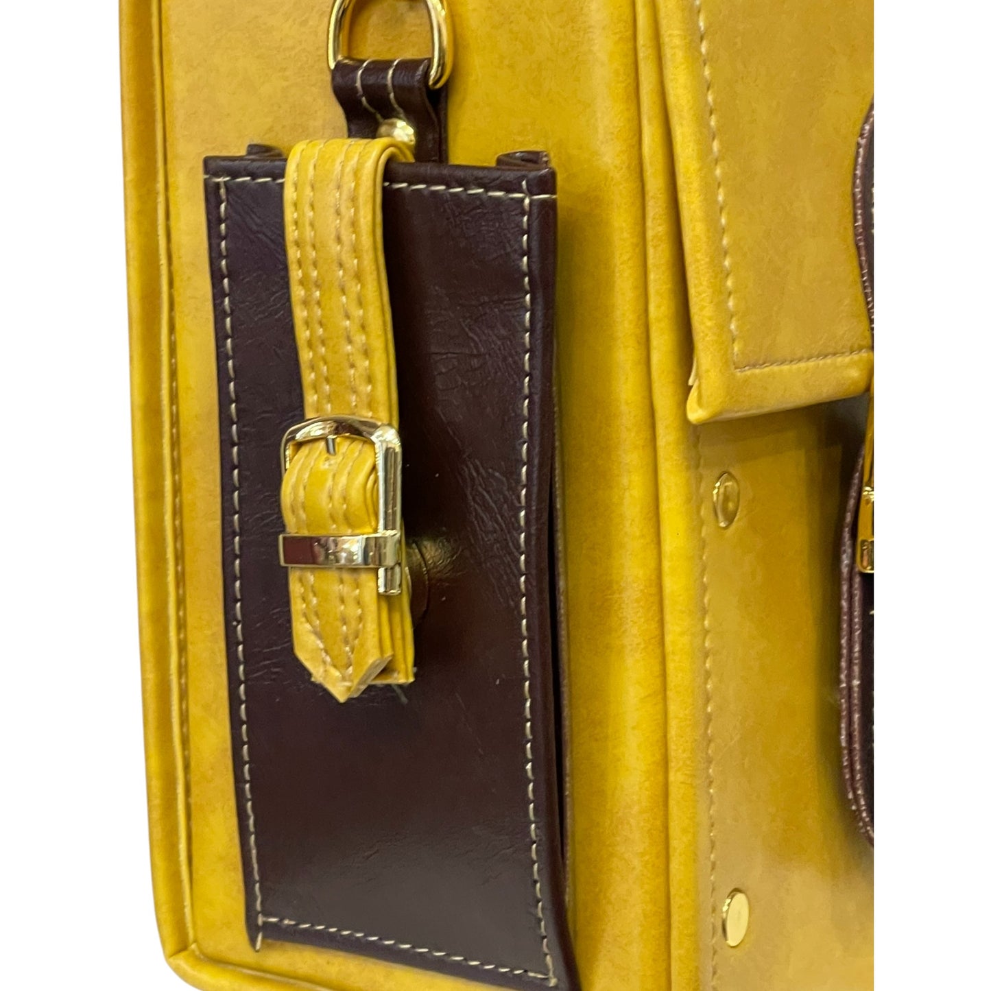 Handmade Vegan Leather Satchel – Mustard Yellow & Chocolate Brown with Gold Details (25x18x11 cm)