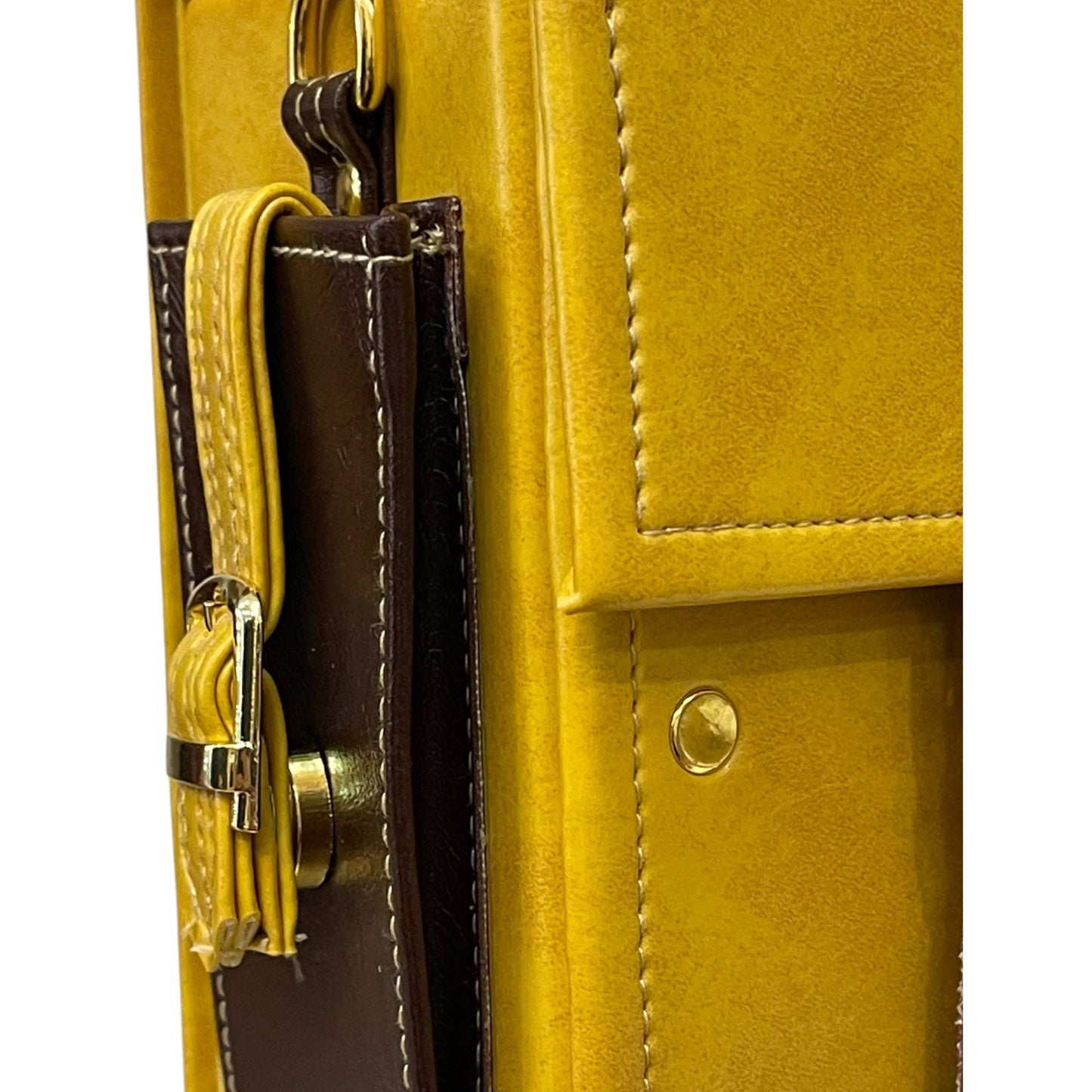 Handmade Vegan Leather Satchel – Mustard Yellow & Chocolate Brown with Gold Details (25x18x11 cm)
