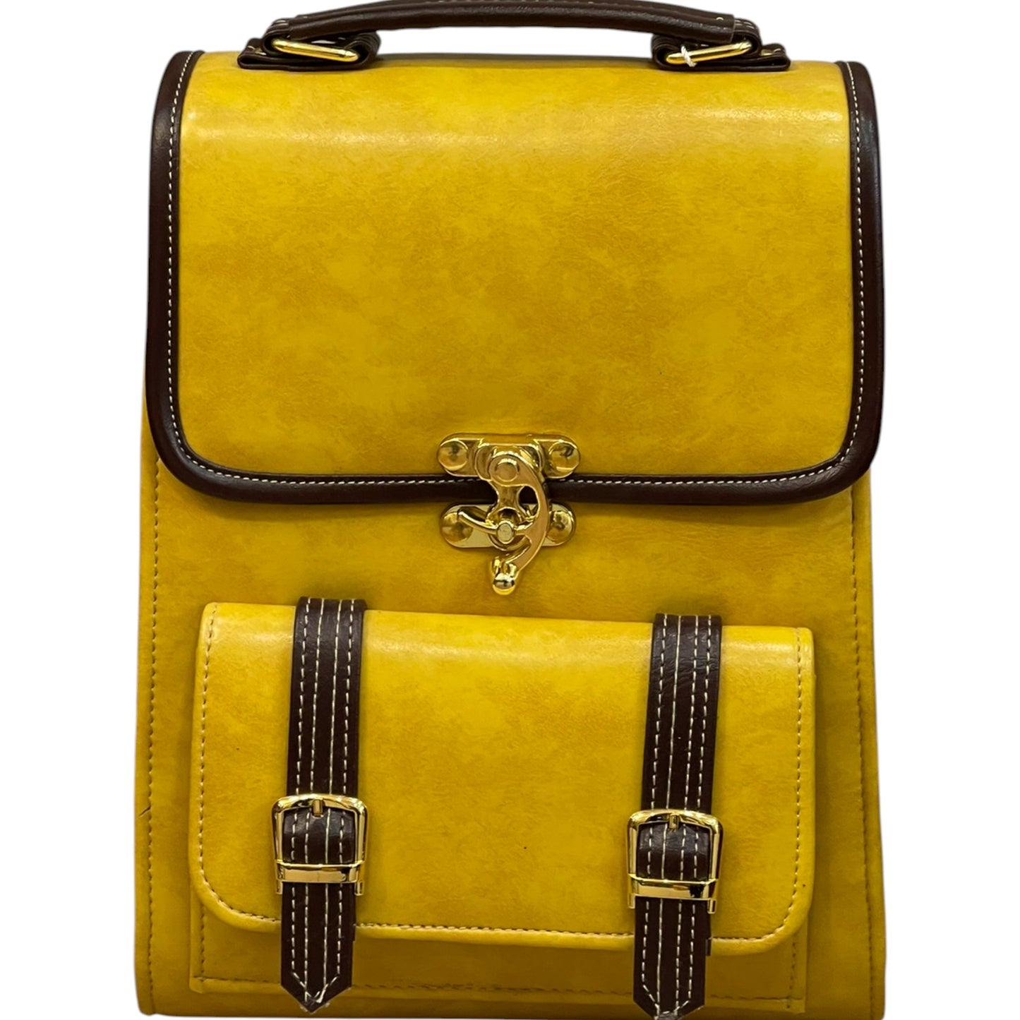 Handmade Vegan Leather Backpack – Mustard Yellow with Brown Trim & Gold Hardware (27x21x13 cm)