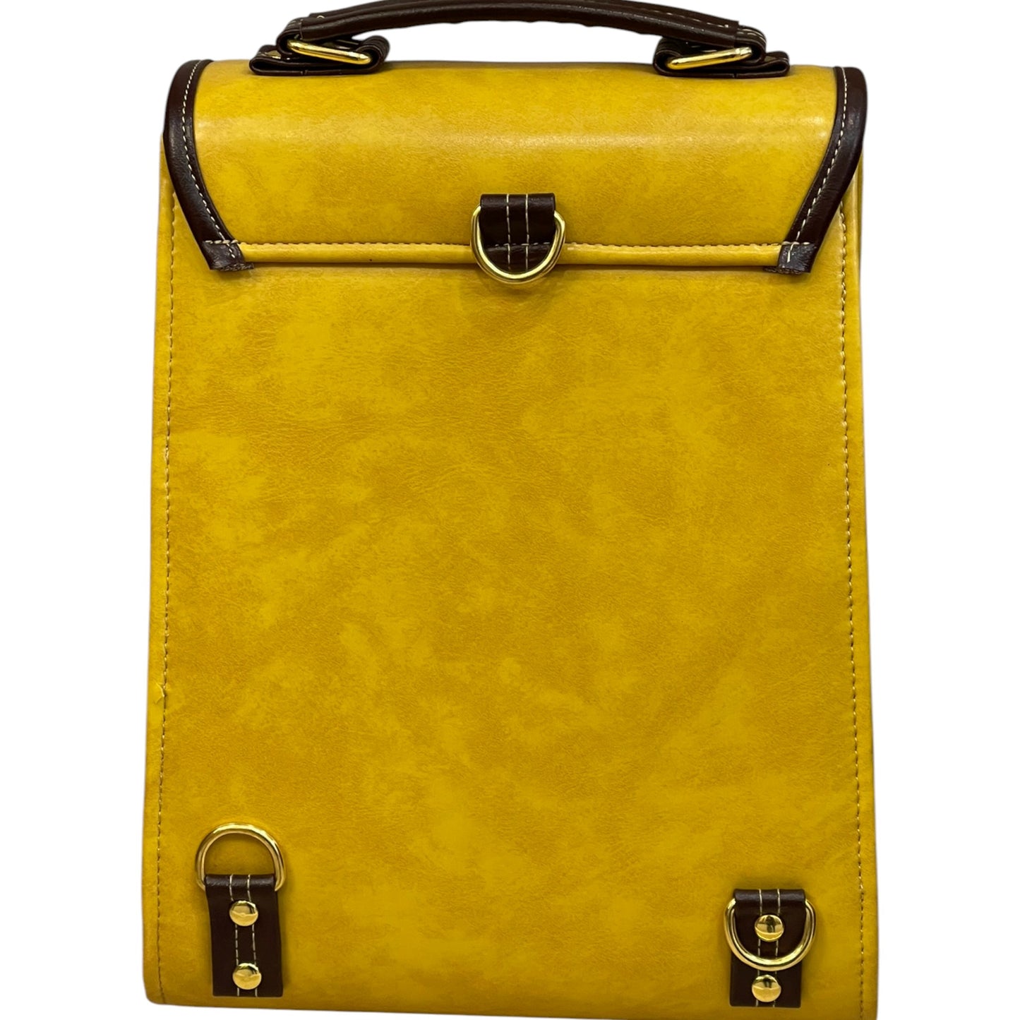 Handmade Vegan Leather Backpack – Mustard Yellow with Brown Trim & Gold Hardware (27x21x13 cm)