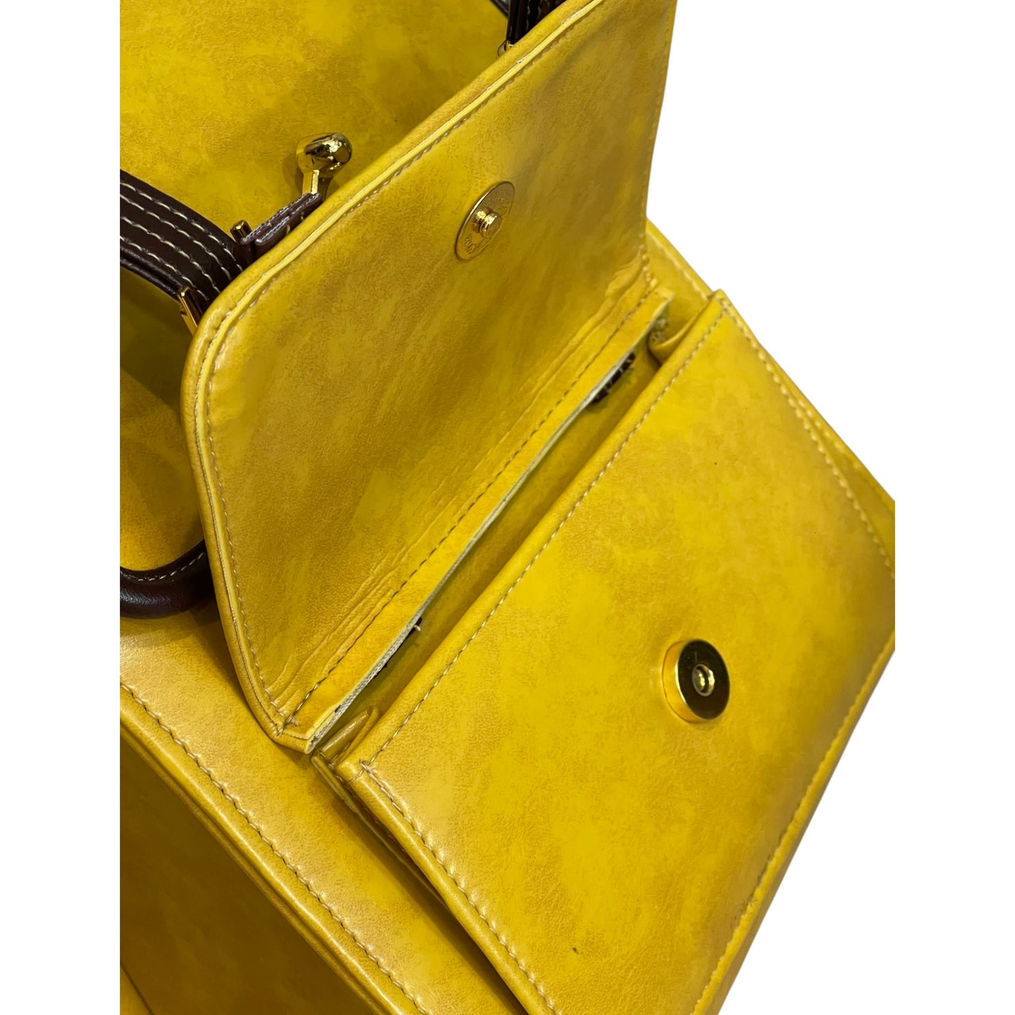 Handmade Vegan Leather Backpack – Mustard Yellow with Brown Trim & Gold Hardware (27x21x13 cm)