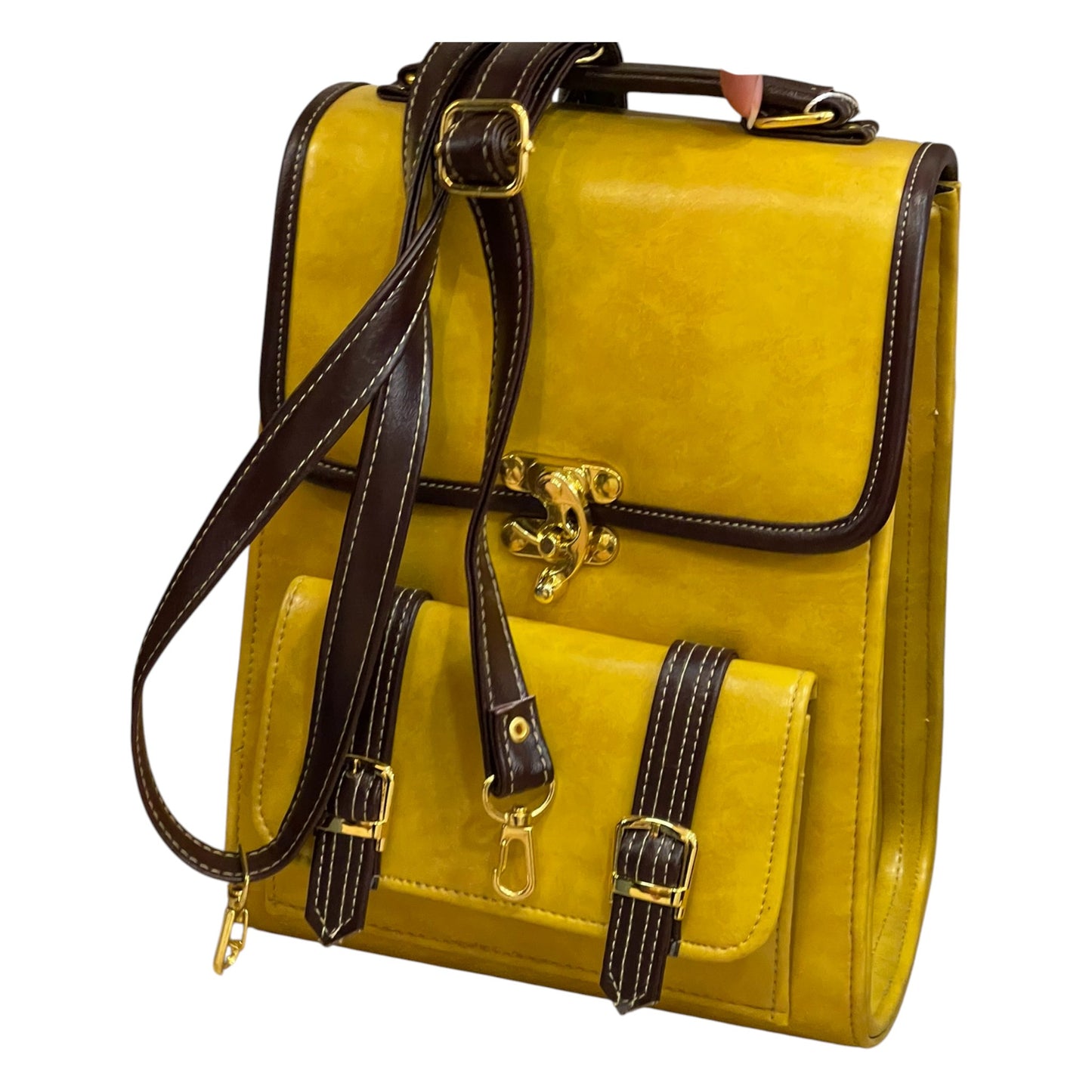 Handmade Vegan Leather Backpack – Mustard Yellow with Brown Trim & Gold Hardware (27x21x13 cm)