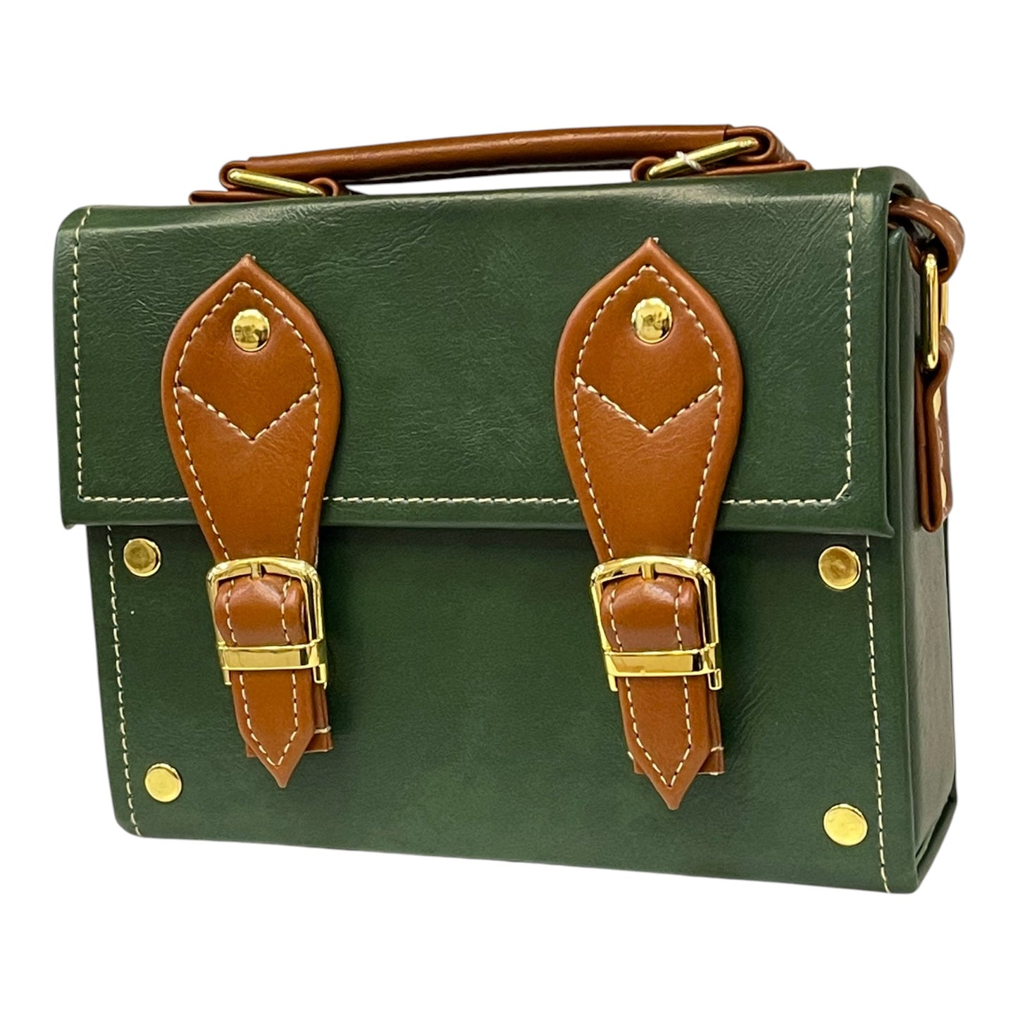 Handmade Green & Brown Vegan Leather Mini Satchel – Retro Crossbody Bag with Gold Buckles | 18x14x6 cm (Copy)