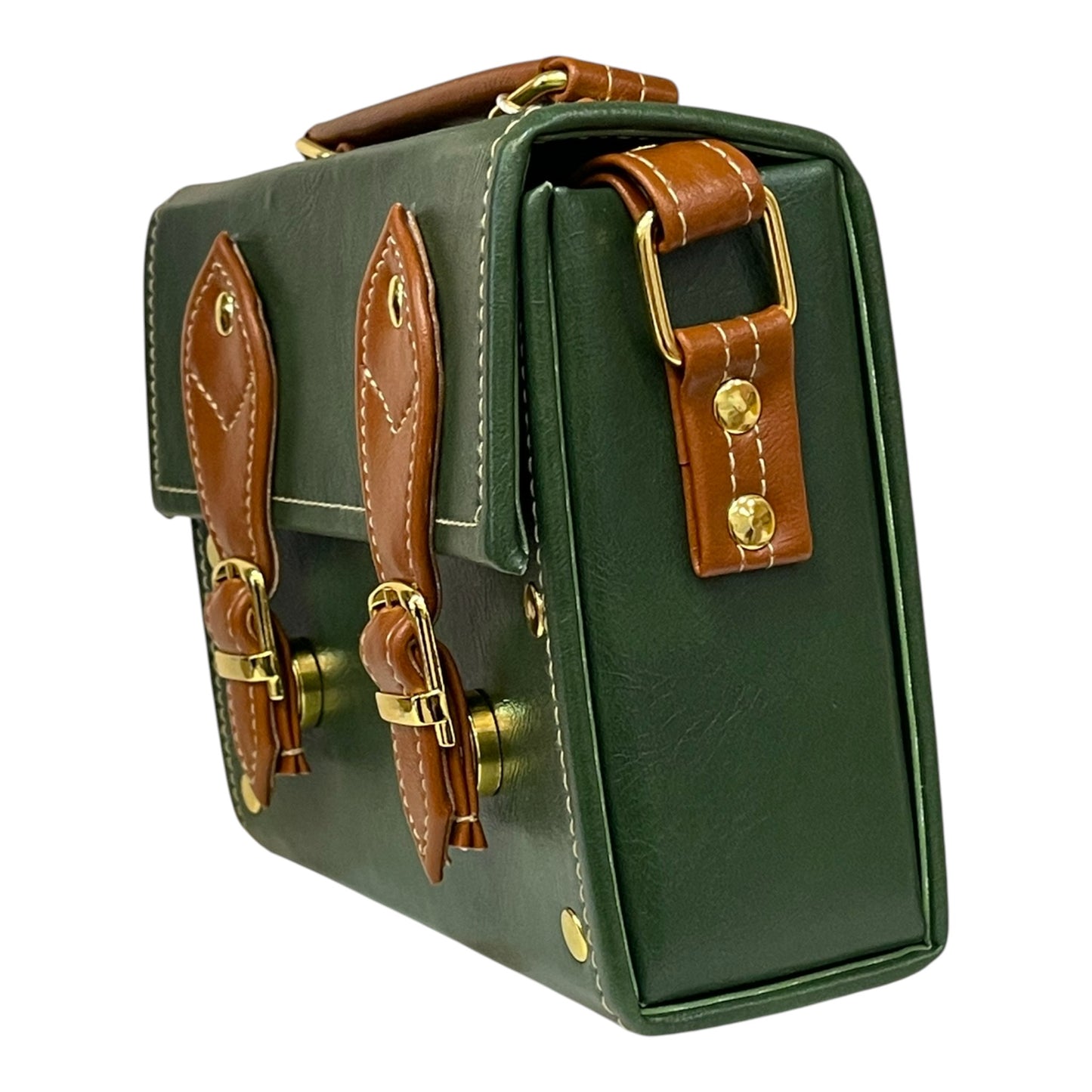 Handmade Green & Brown Vegan Leather Mini Satchel – Retro Crossbody Bag with Gold Buckles | 18x14x6 cm (Copy)