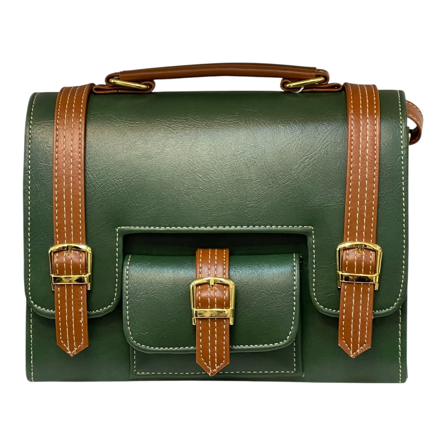 Handmade Green Vegan Leather Satchel Bag | Vintage Crossbody with Front Buckle Design – 23x17x10 cm