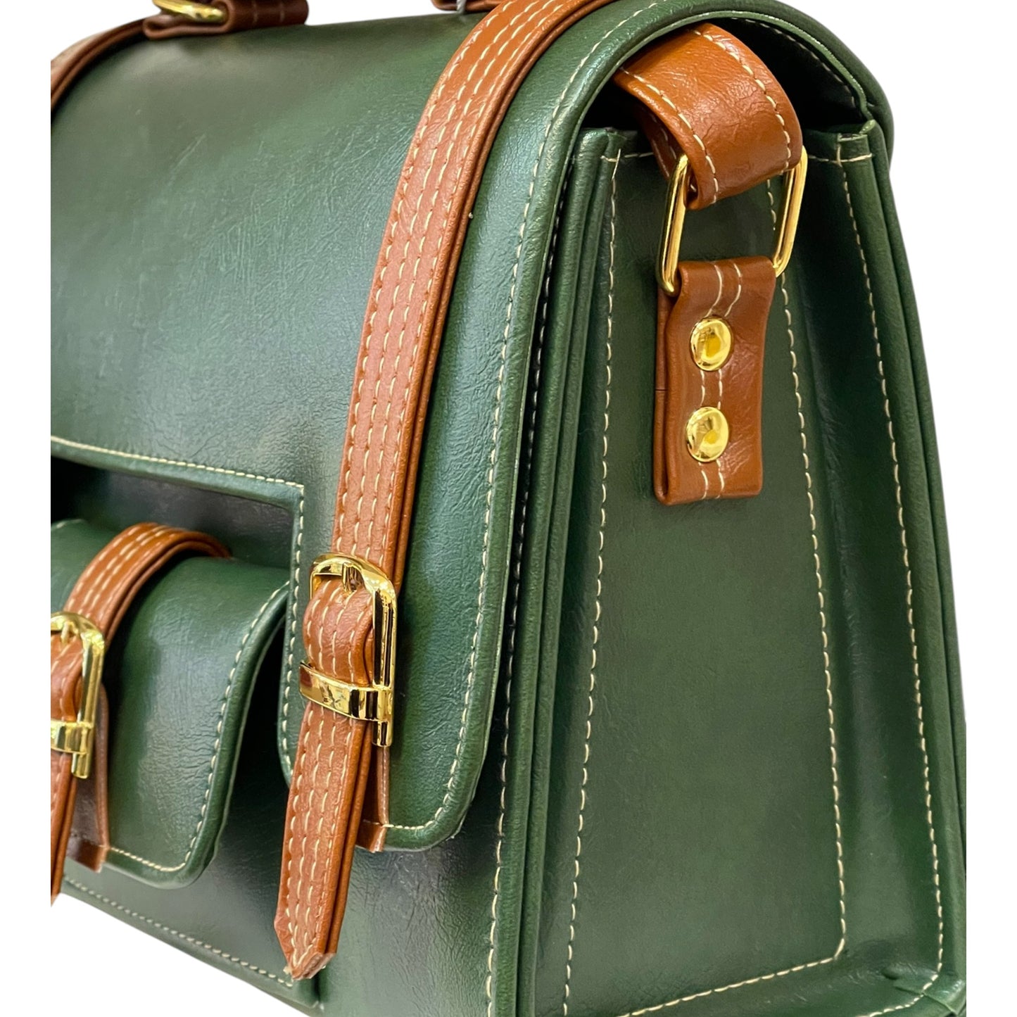 Handmade Green Vegan Leather Satchel Bag | Vintage Crossbody with Front Buckle Design – 23x17x10 cm