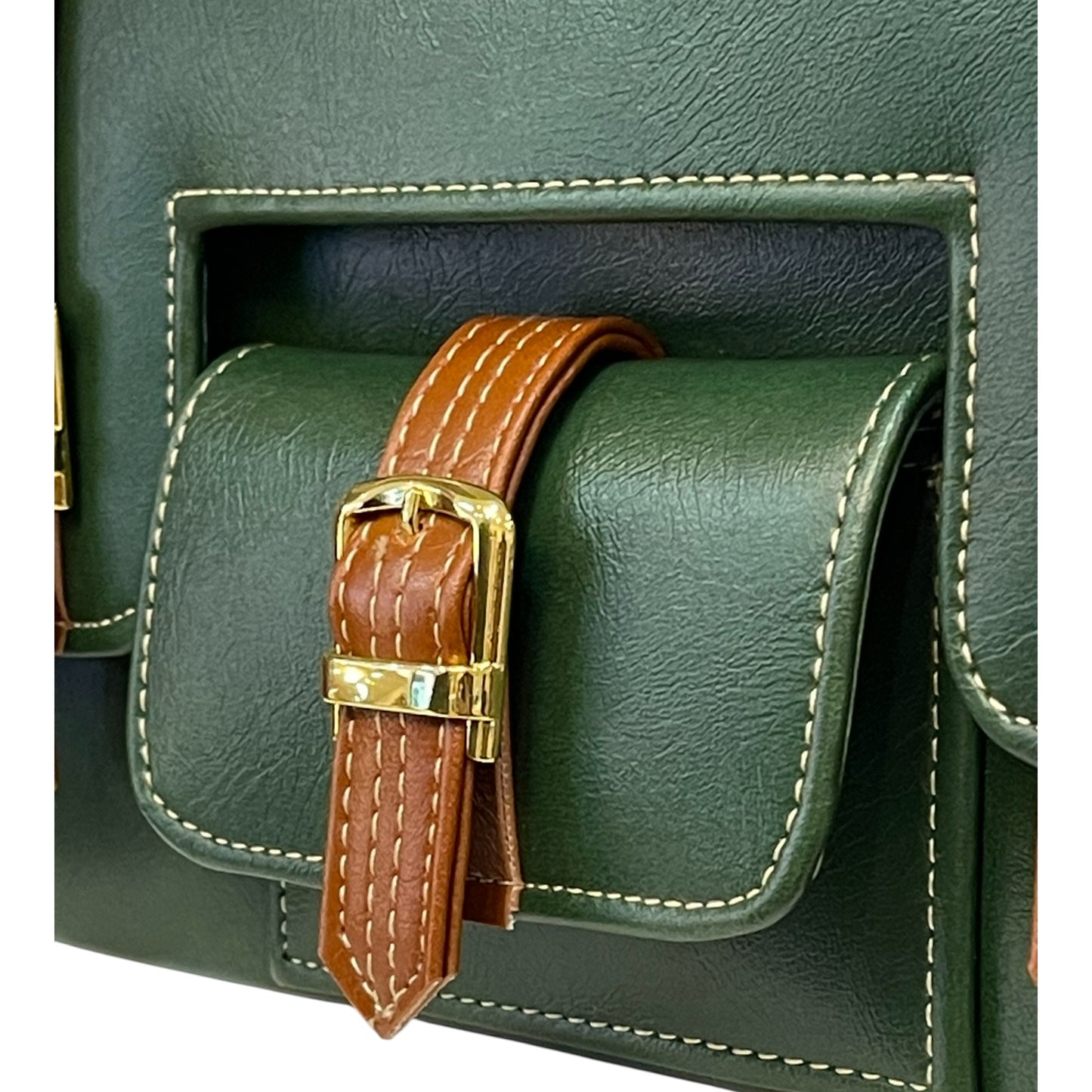 Handmade Green Vegan Leather Satchel Bag | Vintage Crossbody with Front Buckle Design – 23x17x10 cm