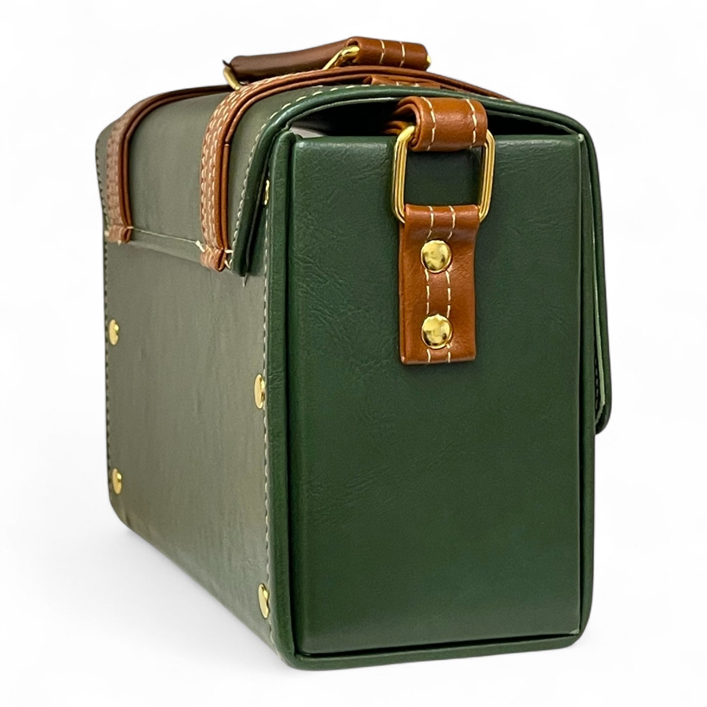 Handmade Vegan Leather Box Bag – Forest Green & Caramel Brown (21x14x9 cm)