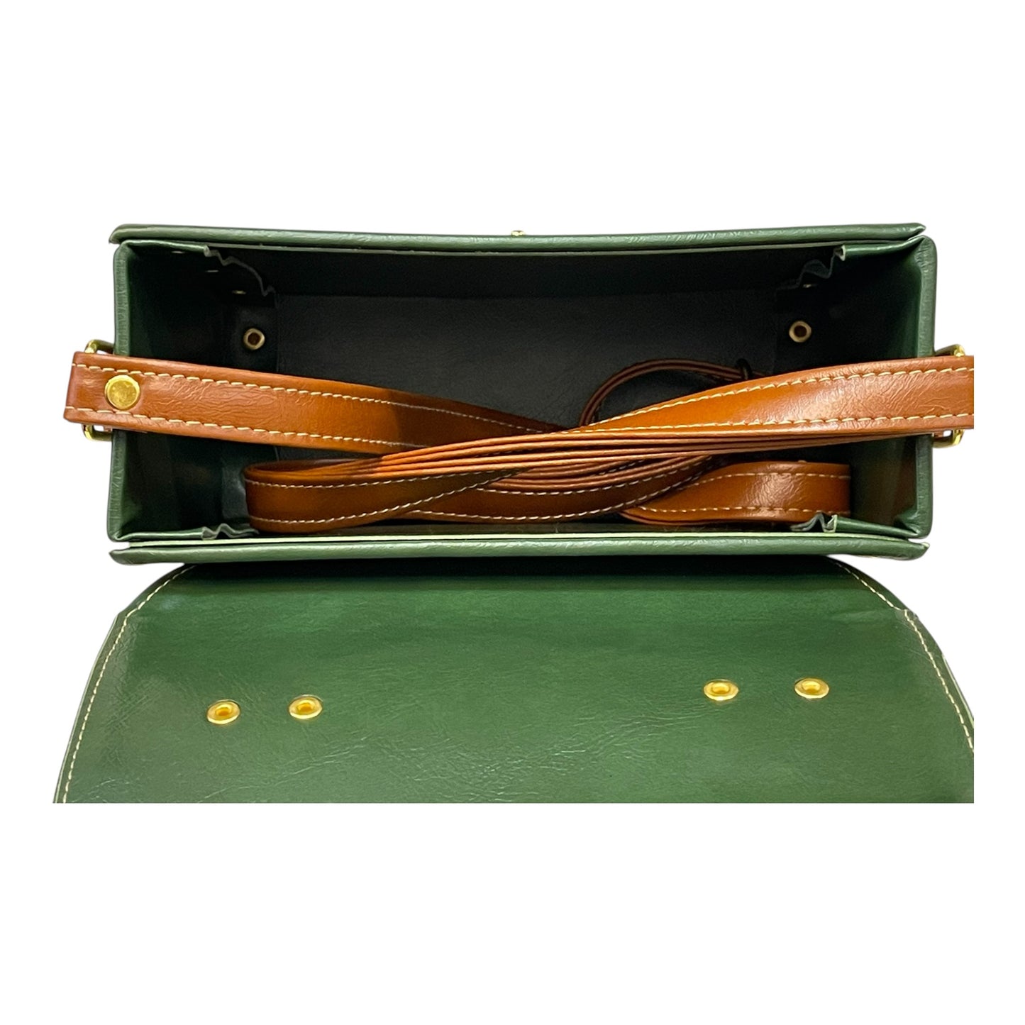 Handmade French Vegan Leather Handbag – Forest Green & Houndstooth with Tan Straps (21×19×10 cm)