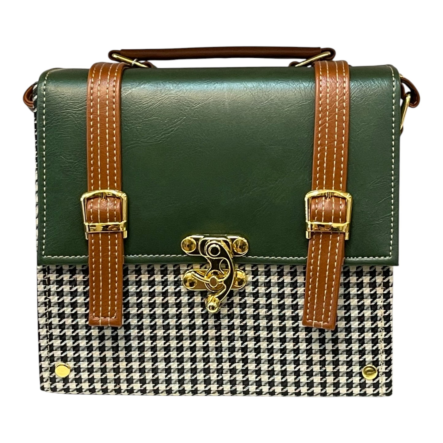 Handmade French Vegan Leather Handbag – Forest Green & Houndstooth with Tan Straps (21×19×10 cm)