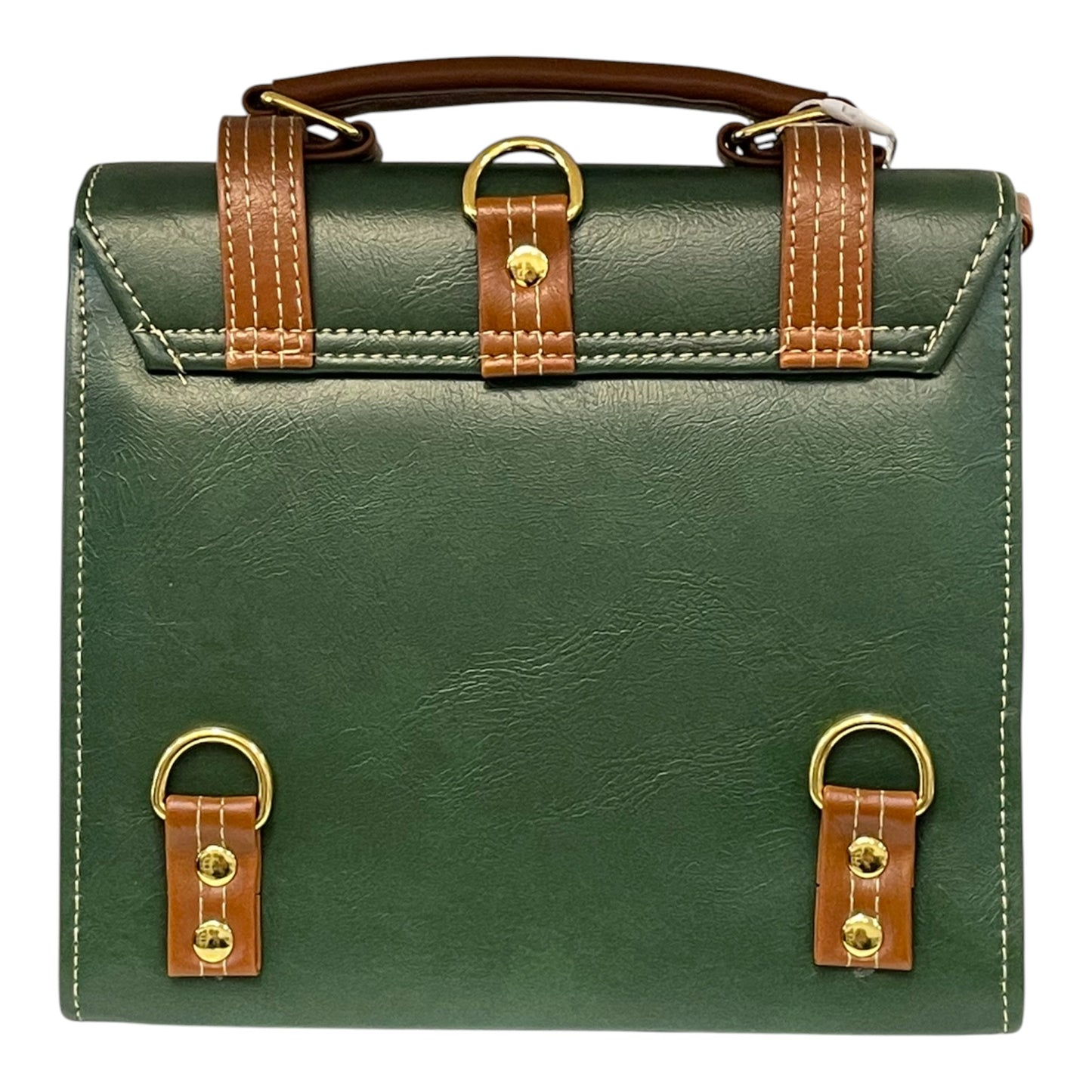 Handmade French Vegan Leather Handbag – Forest Green & Tan with Gold Hardware (23×16×10 cm)