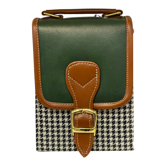Handmade French Vegan Leather Handbag – Green & Brown with Houndstooth Detail (19x13x9 cm)