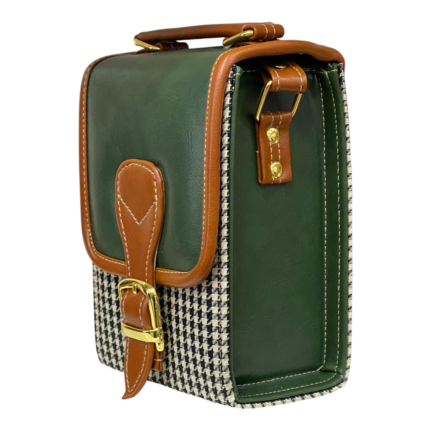 Handmade French Vegan Leather Handbag – Green & Brown with Houndstooth Detail (19x13x9 cm)