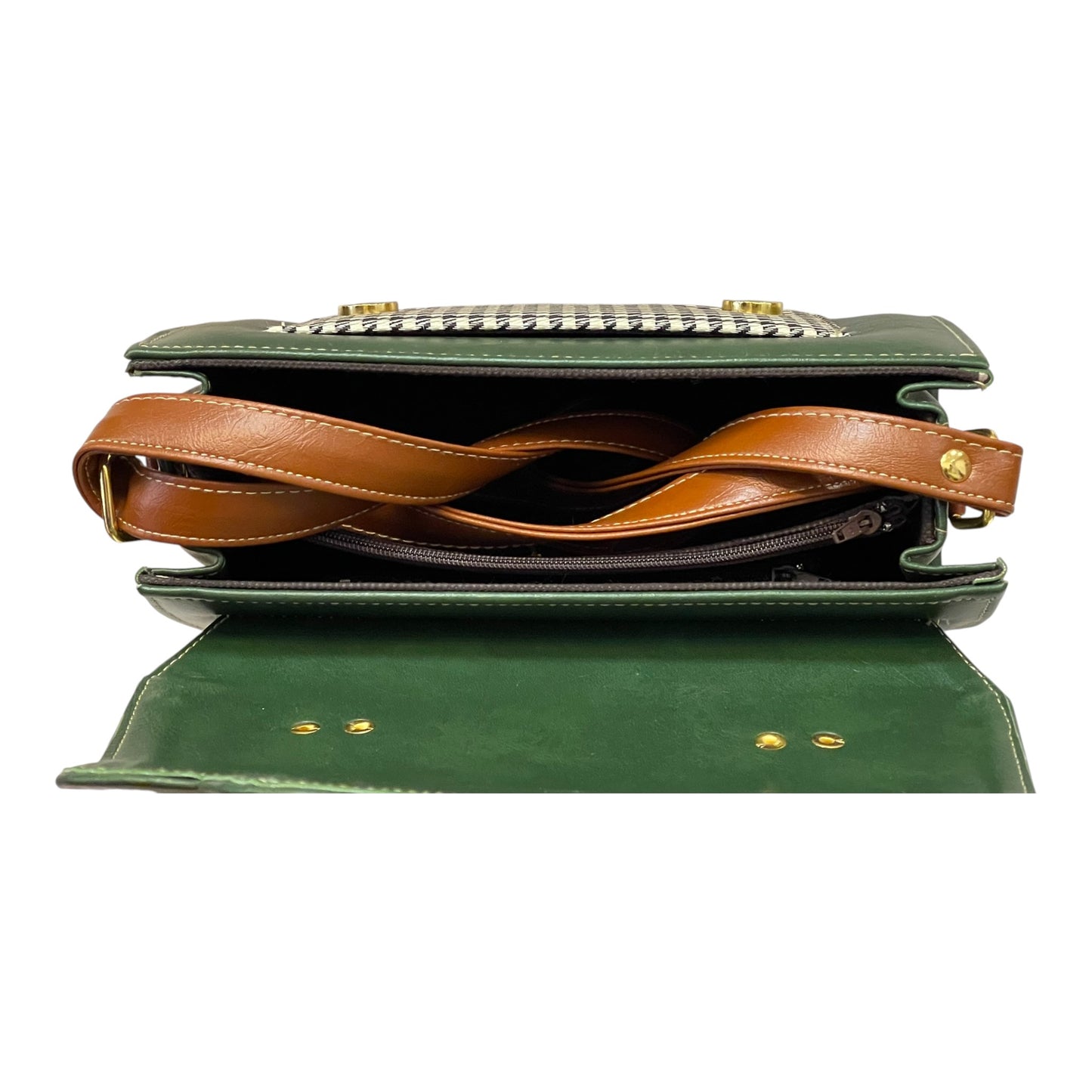 Handmade Green & Brown Vegan Leather Mini Satchel – Retro Crossbody Bag with Gold Buckles | 21x14x9 cm