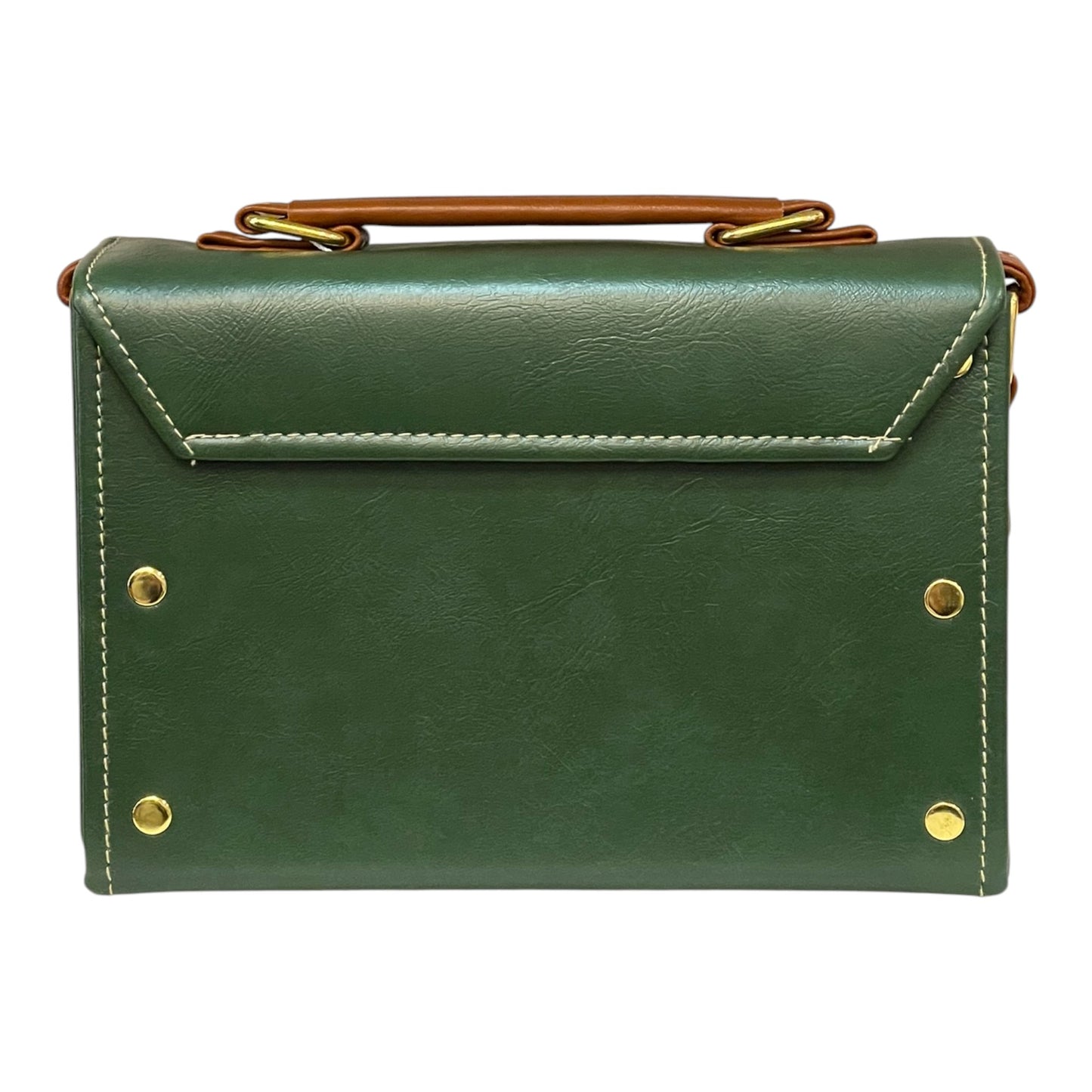 Handmade Green & Brown Vegan Leather Mini Satchel – Retro Crossbody Bag with Gold Buckles | 21x14x9 cm