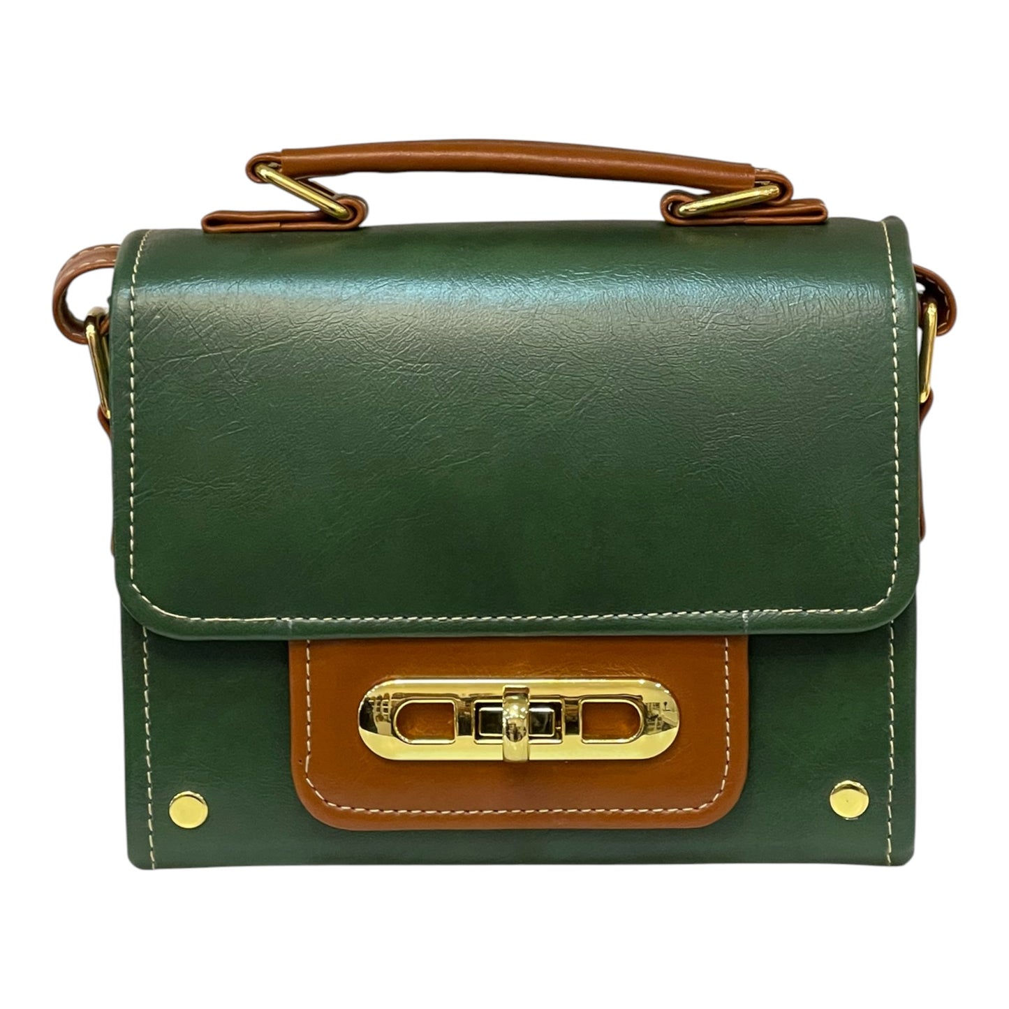 Handmade French Vegan Leather Handbag – Forest Green & Caramel Brown with Gold Lock (21×14×9 cm)