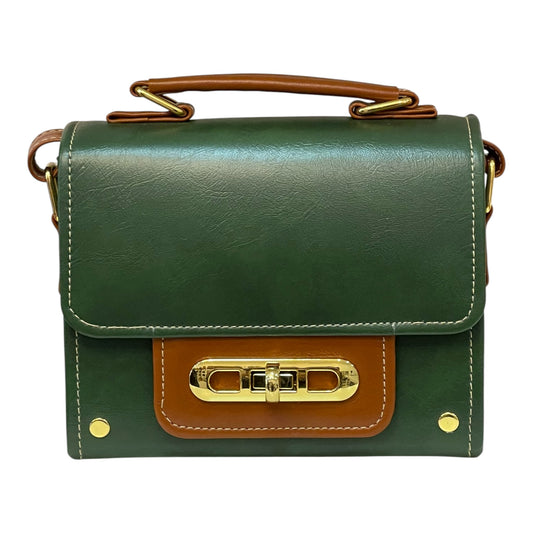 Handmade French Vegan Leather Handbag – Forest Green & Caramel Brown with Gold Lock (21×14×9 cm)