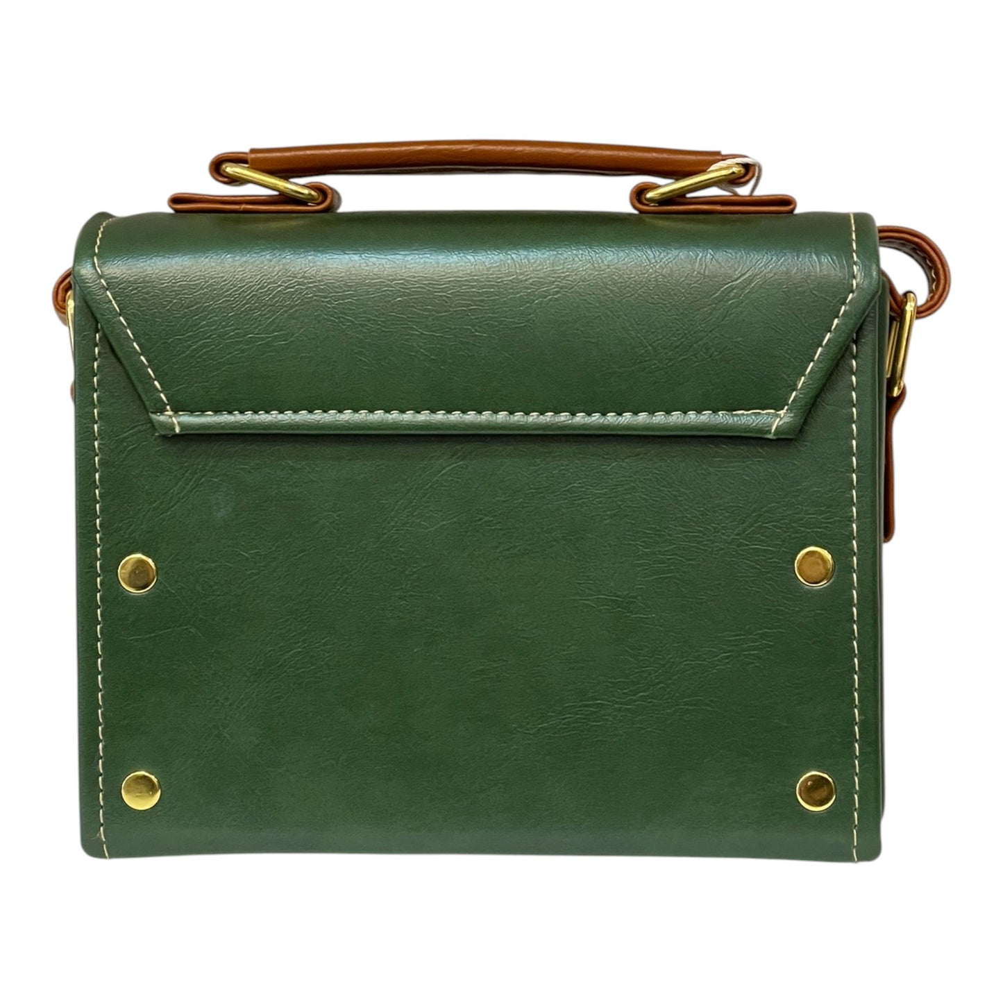 Handmade French Vegan Leather Handbag – Forest Green & Caramel Brown with Gold Lock (21×14×9 cm)