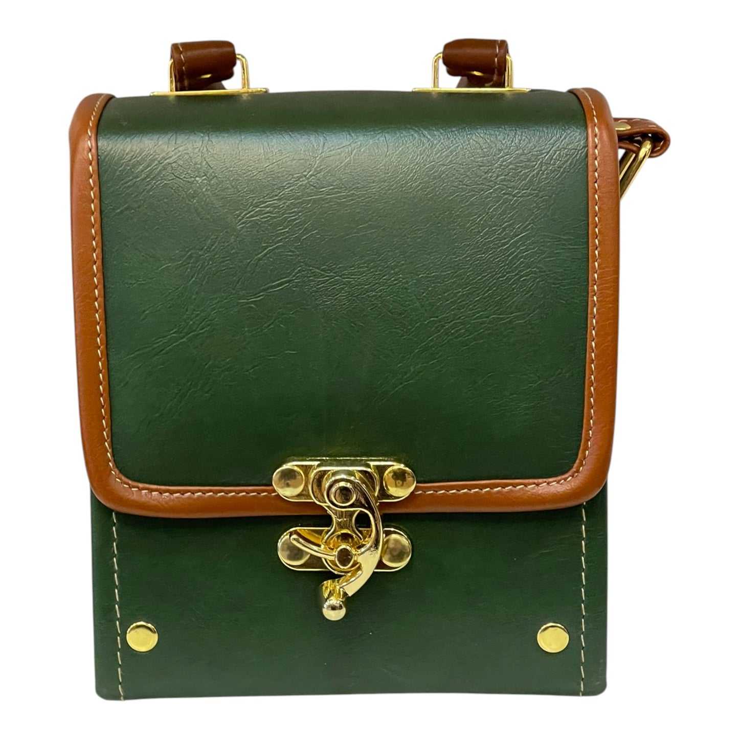 Handmade Vegan Leather Mini Satchel – Forest Green & Tan | Compact Crossbody Bag 16x14x8 cm