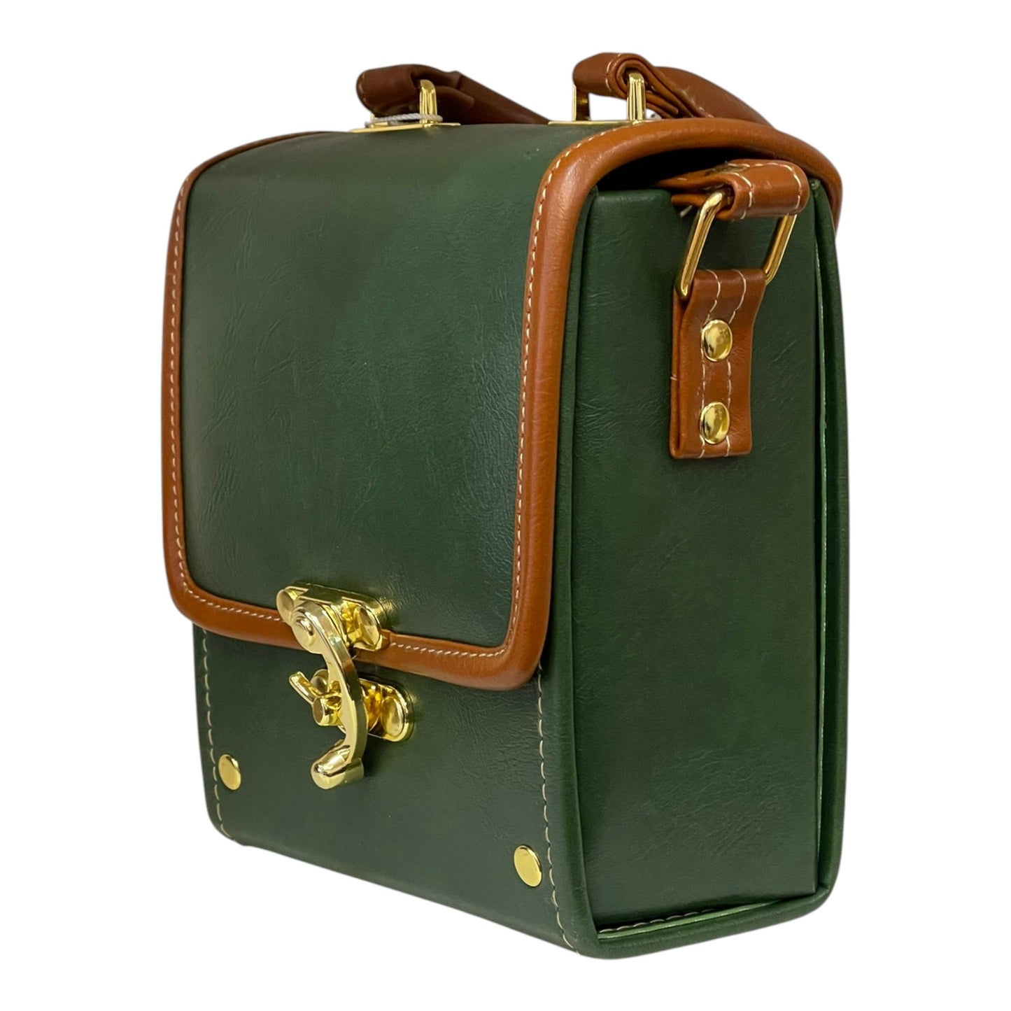 Handmade Vegan Leather Mini Satchel – Forest Green & Tan | Compact Crossbody Bag 16x14x8 cm