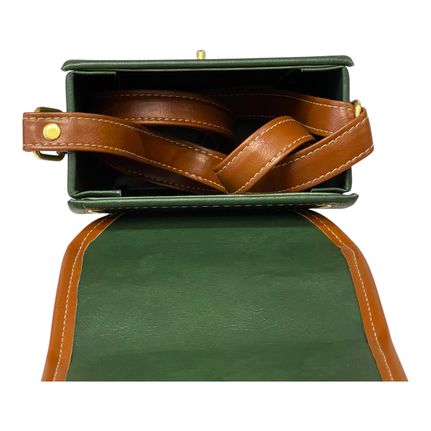 Handmade Vegan Leather Mini Satchel – Forest Green & Tan | Compact Crossbody Bag 16x14x8 cm