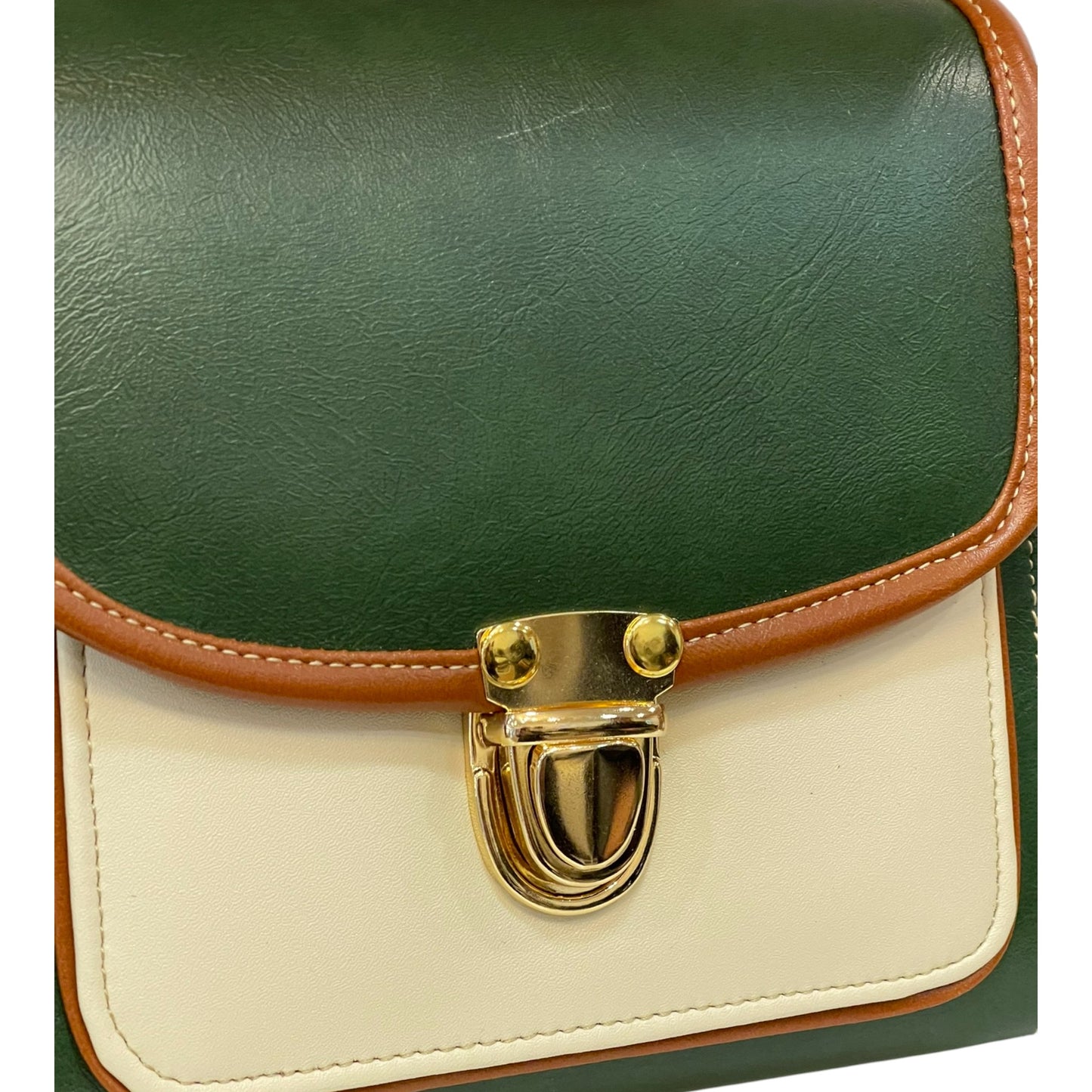 Handmade French Vegan Leather Handbag – Green, Cream & Brown Tricolor Design (16×16×9 cm)